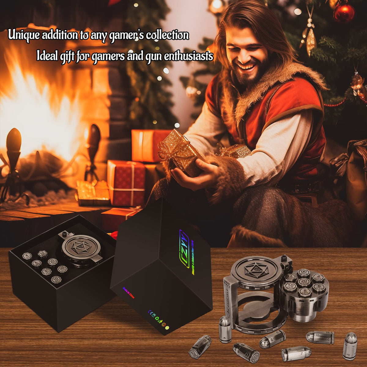 CZYY Metal Bullet Dice Set – 7 Polyhedral Dice with Spinning Revolver Cylinder (Cyberpunk)