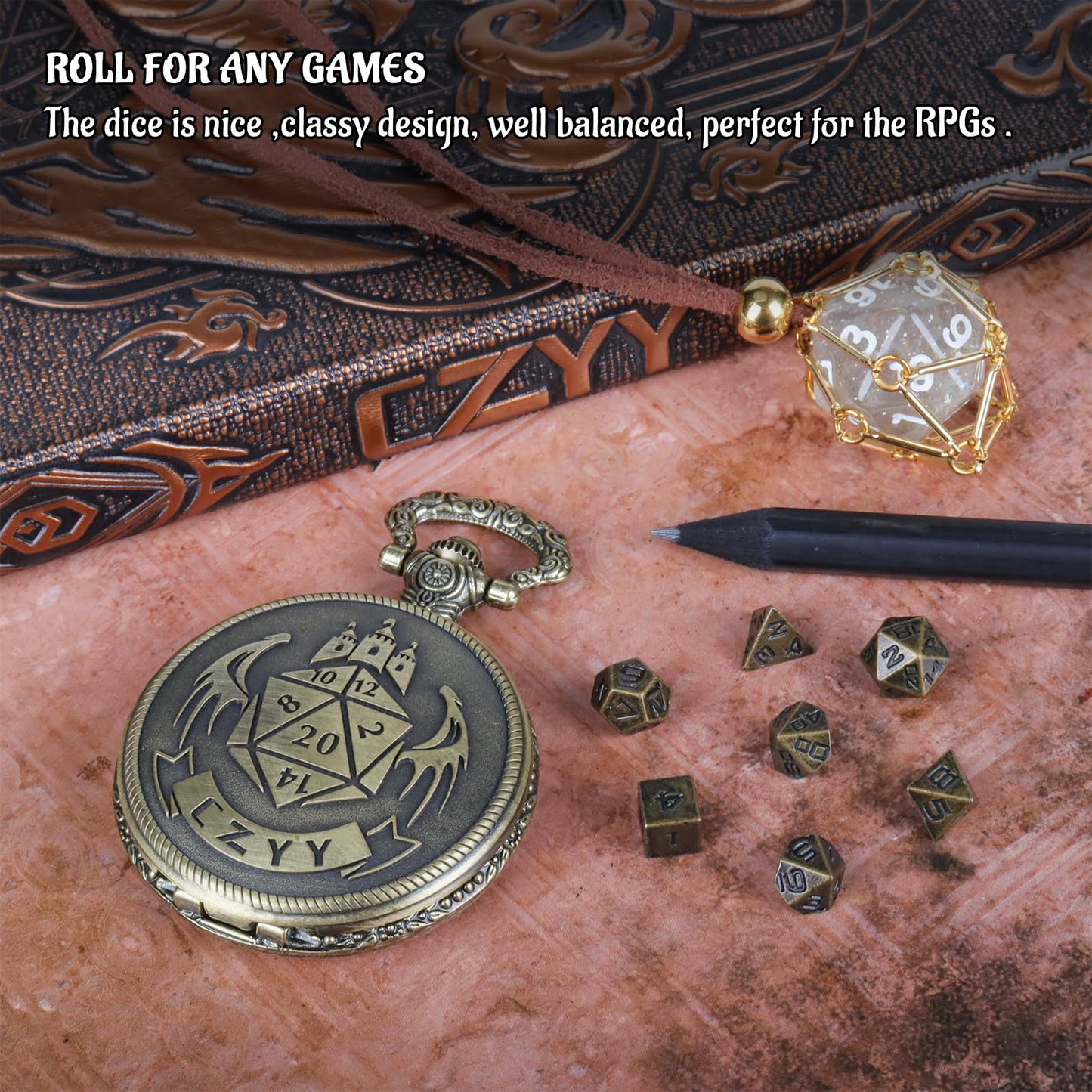 CZYY DND 6mm Micro Polyhedral Dice Set with Pocket Watch Shell Case – Bronze