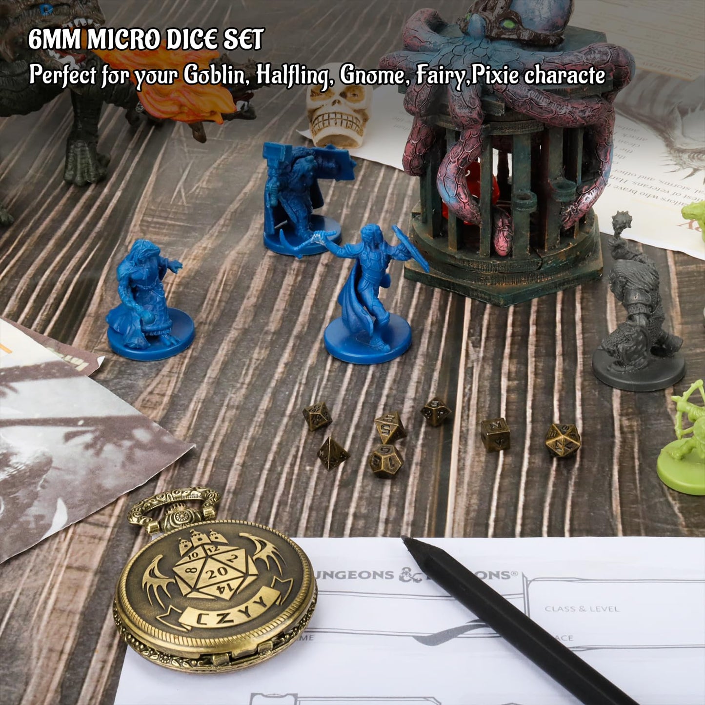 CZYY DND 6mm Micro Polyhedral Dice Set with Pocket Watch Shell Case – Bronze