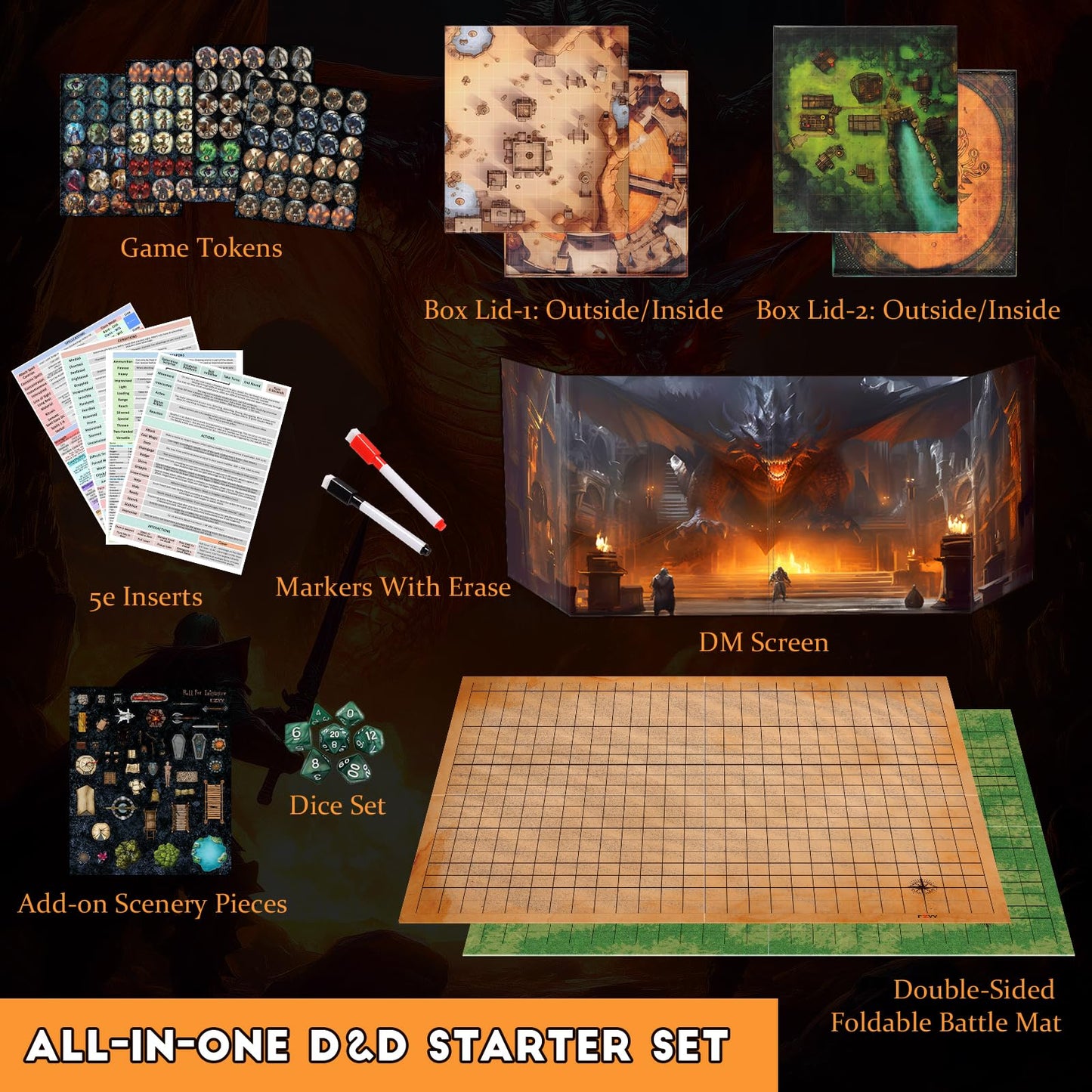 CZYY Foldable Battle Mat with DM Screen & Dice Set | 2-Sided Wet & Dry Erase RPG Starter Kit