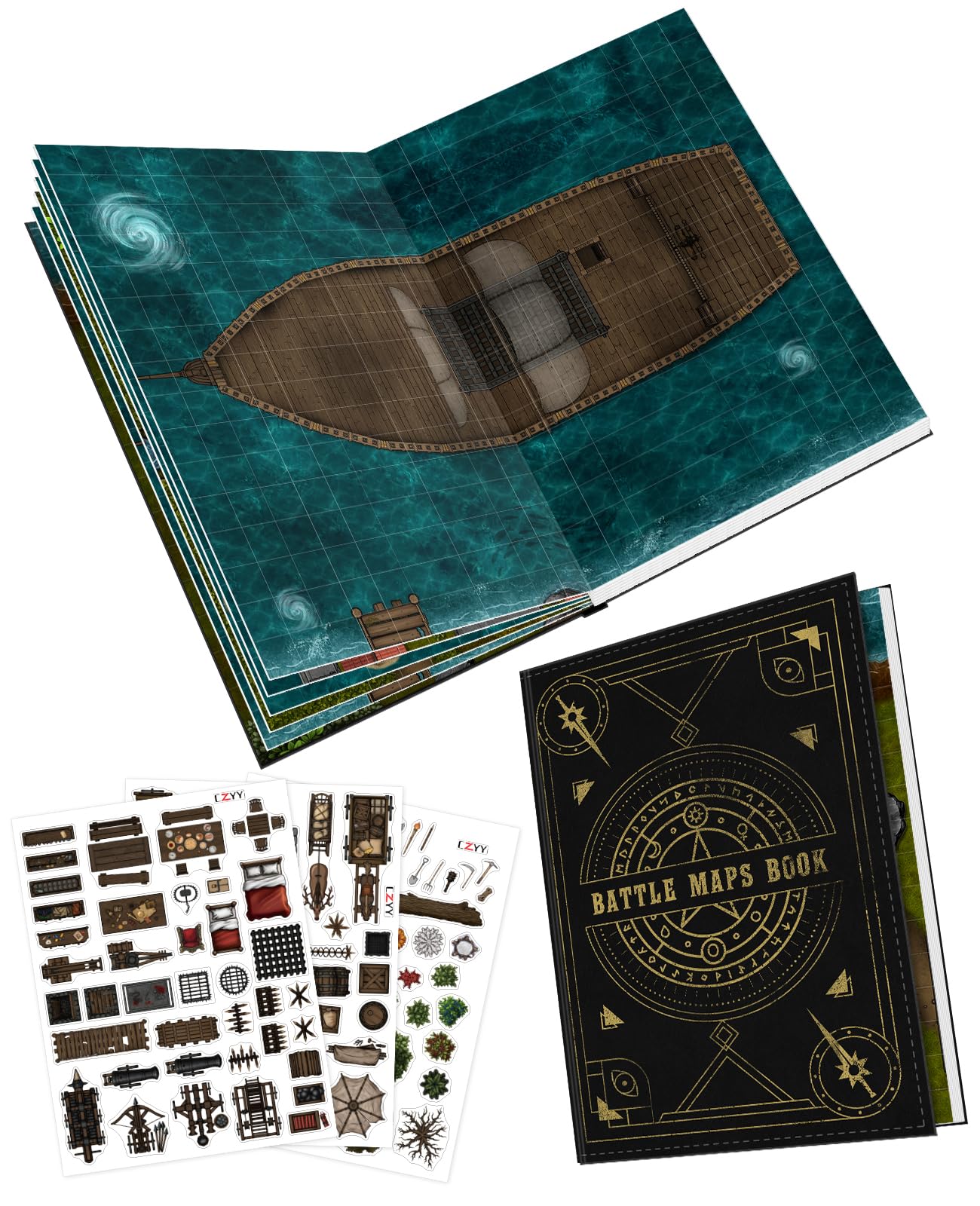 CZYY DND Battle Map Book – 32 Reusable Mats, 100+ Decals, Lay-Flat Binding