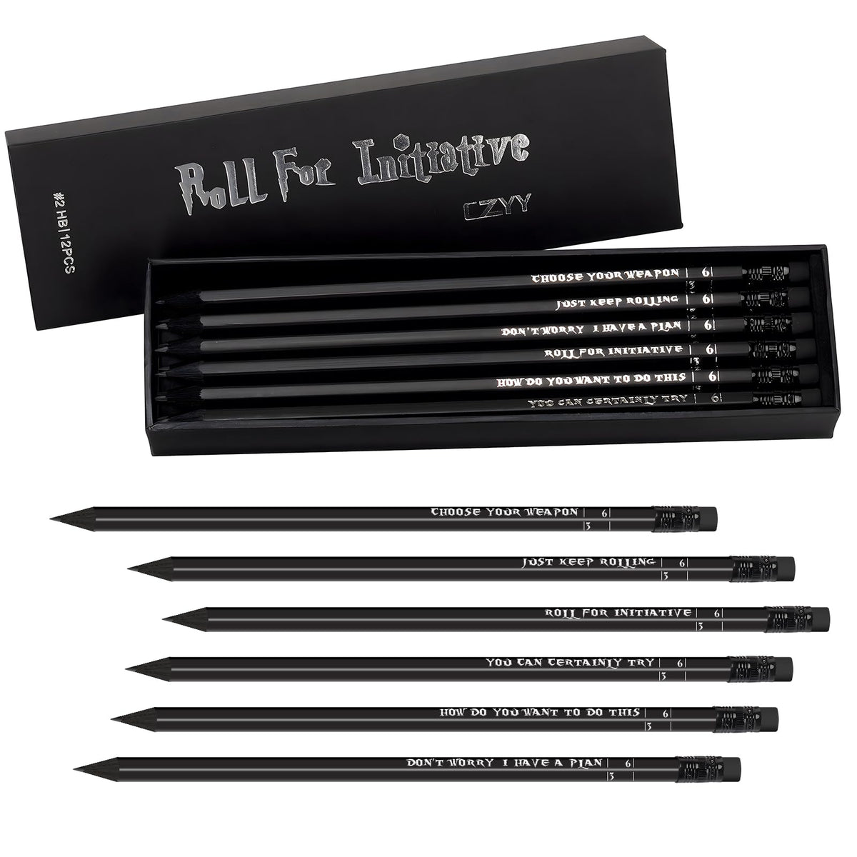 CZYY DND Pencils Set 12 – Hexagonal 2HB with D6 Dice Numbers & Silver Foil RPG Slogans – Eraser Included, Gift for DM & Players