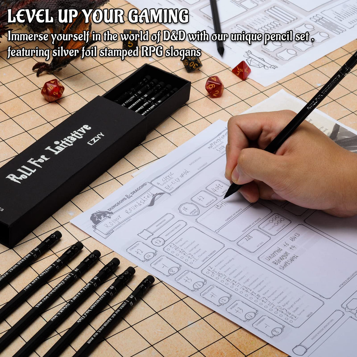 CZYY DND Pencils Set 12 – Hexagonal 2HB with D6 Dice Numbers & Silver Foil RPG Slogans – Eraser Included, Gift for DM & Players