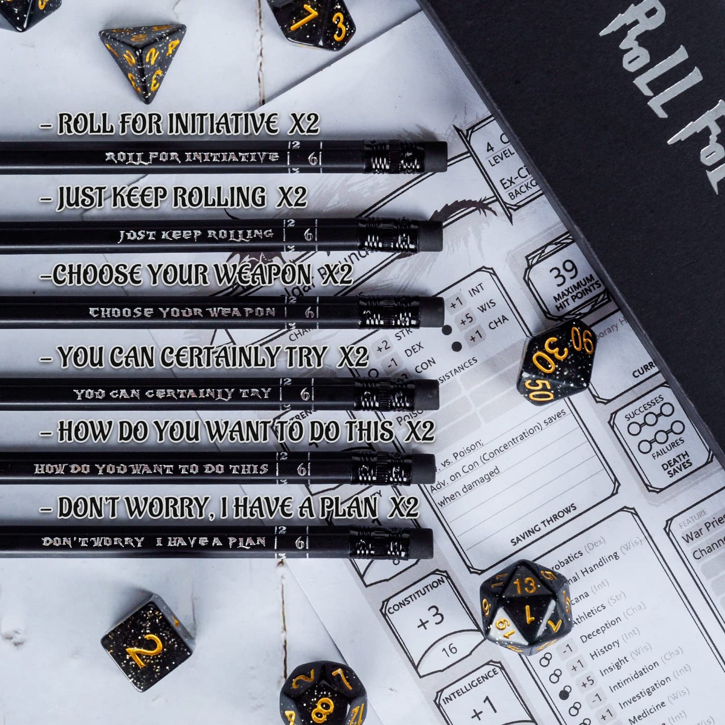 CZYY DND Pencils Set 12 – Hexagonal 2HB with D6 Dice Numbers & Silver Foil RPG Slogans – Eraser Included, Gift for DM & Players