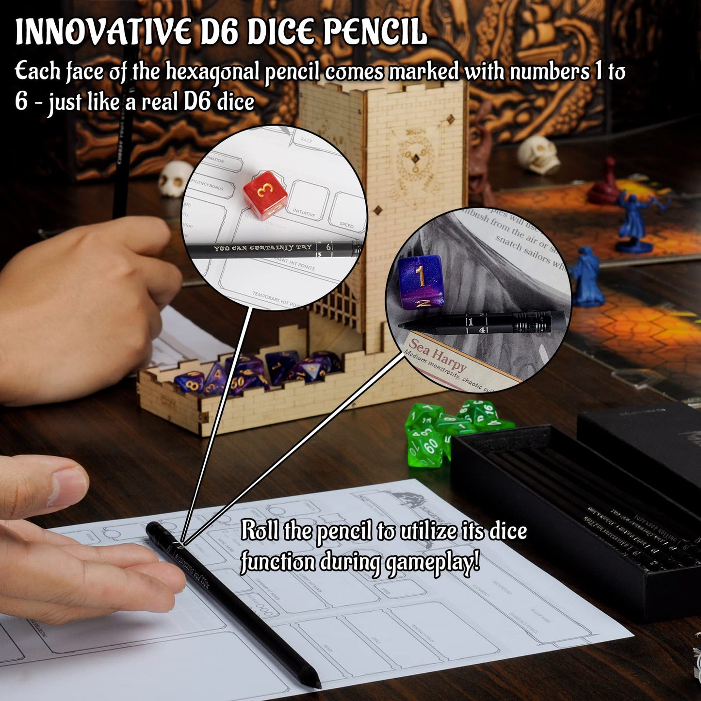 CZYY DND Pencils Set 12 – Hexagonal 2HB with D6 Dice Numbers & Silver Foil RPG Slogans – Eraser Included, Gift for DM & Players