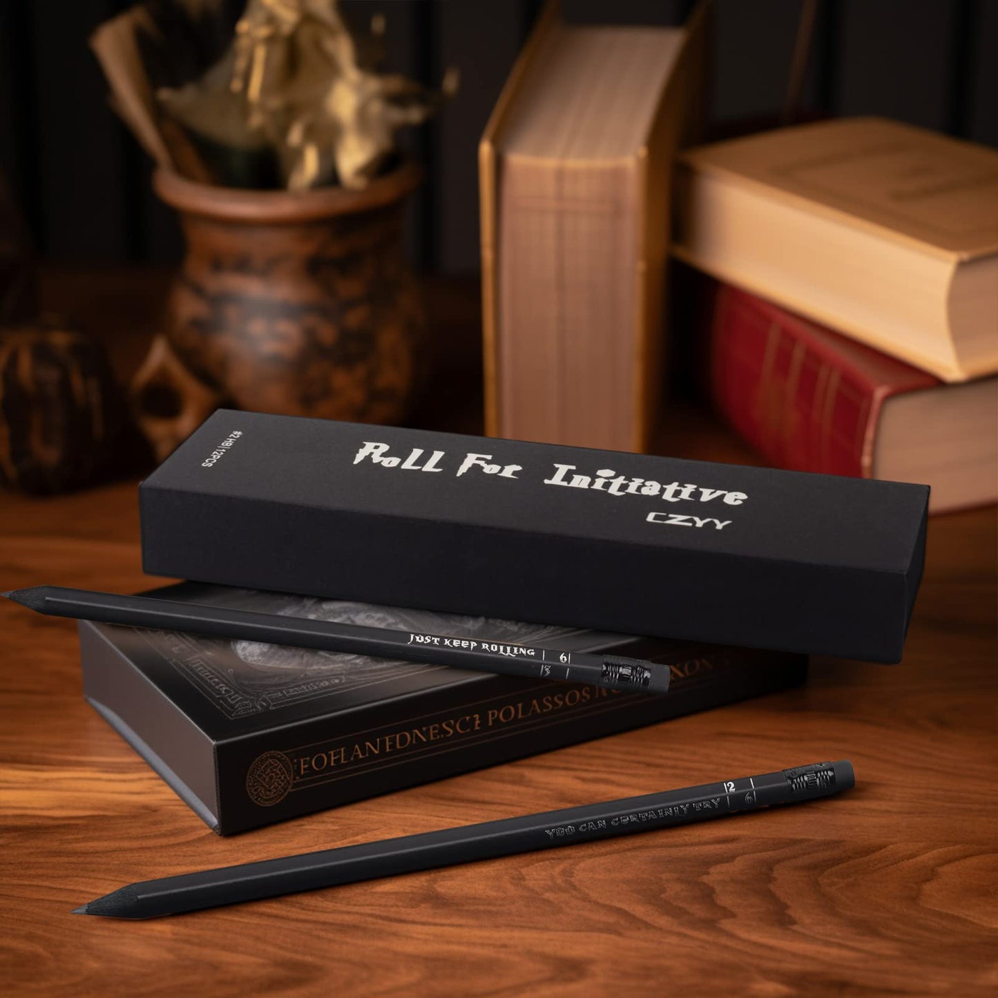 CZYY DND Pencils Set 12 – Hexagonal 2HB with D6 Dice Numbers & Silver Foil RPG Slogans – Eraser Included, Gift for DM & Players