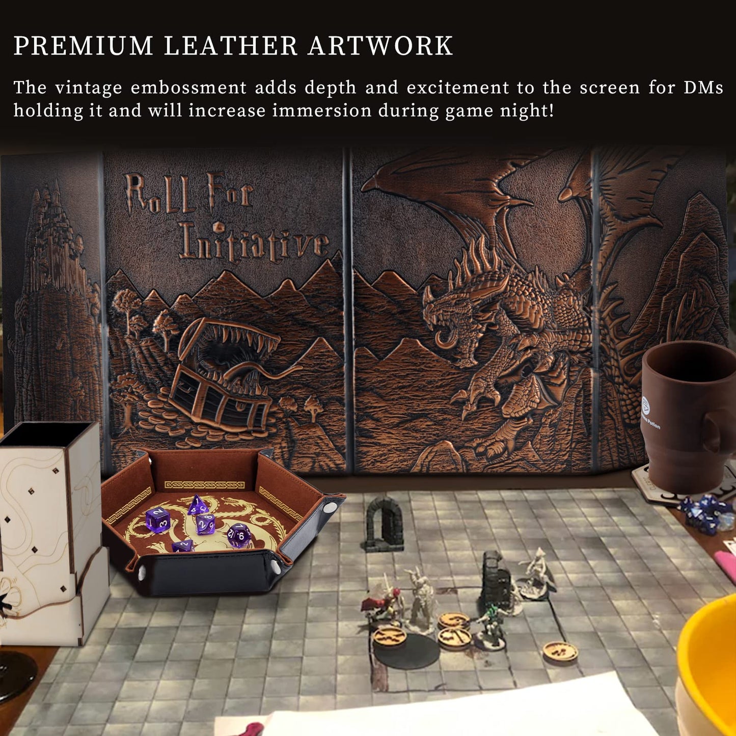 CZYY DND Dungeon Master Screen – Faux Leather Embossed Dragon & Mimic, Four-Panel with Pockets