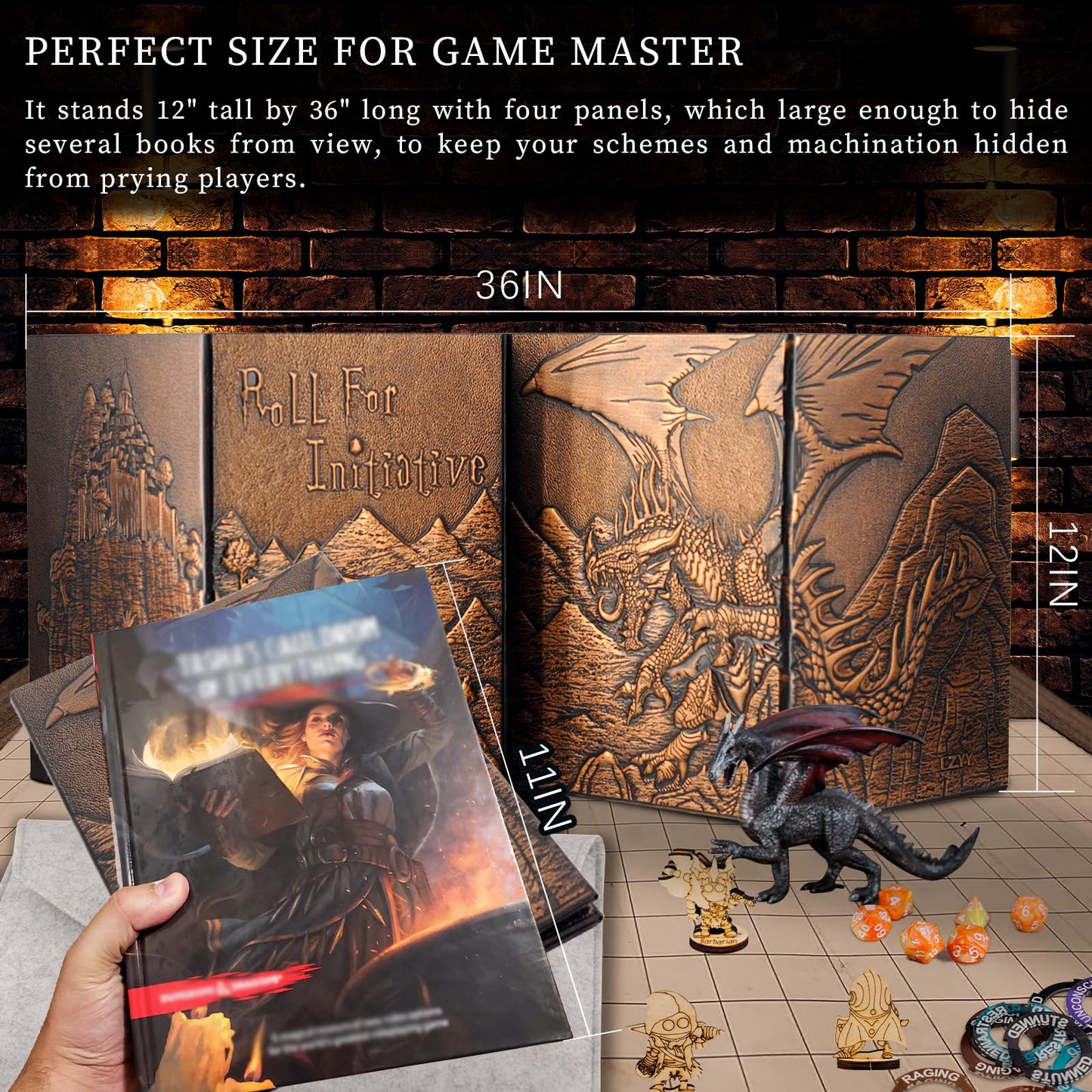 CZYY DND Dungeon Master Screen – Faux Leather Embossed Dragon & Mimic, Four-Panel with Pockets