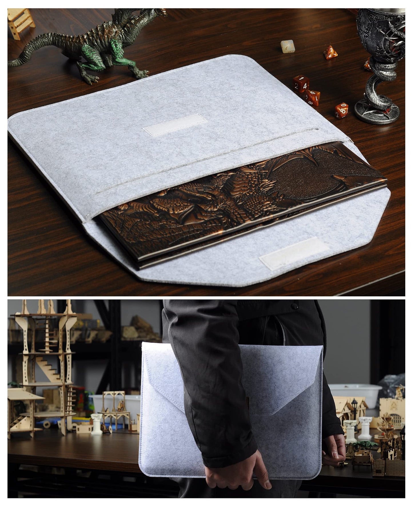 CZYY DND Dungeon Master Screen – Faux Leather Embossed Dragon & Mimic, Four-Panel with Pockets