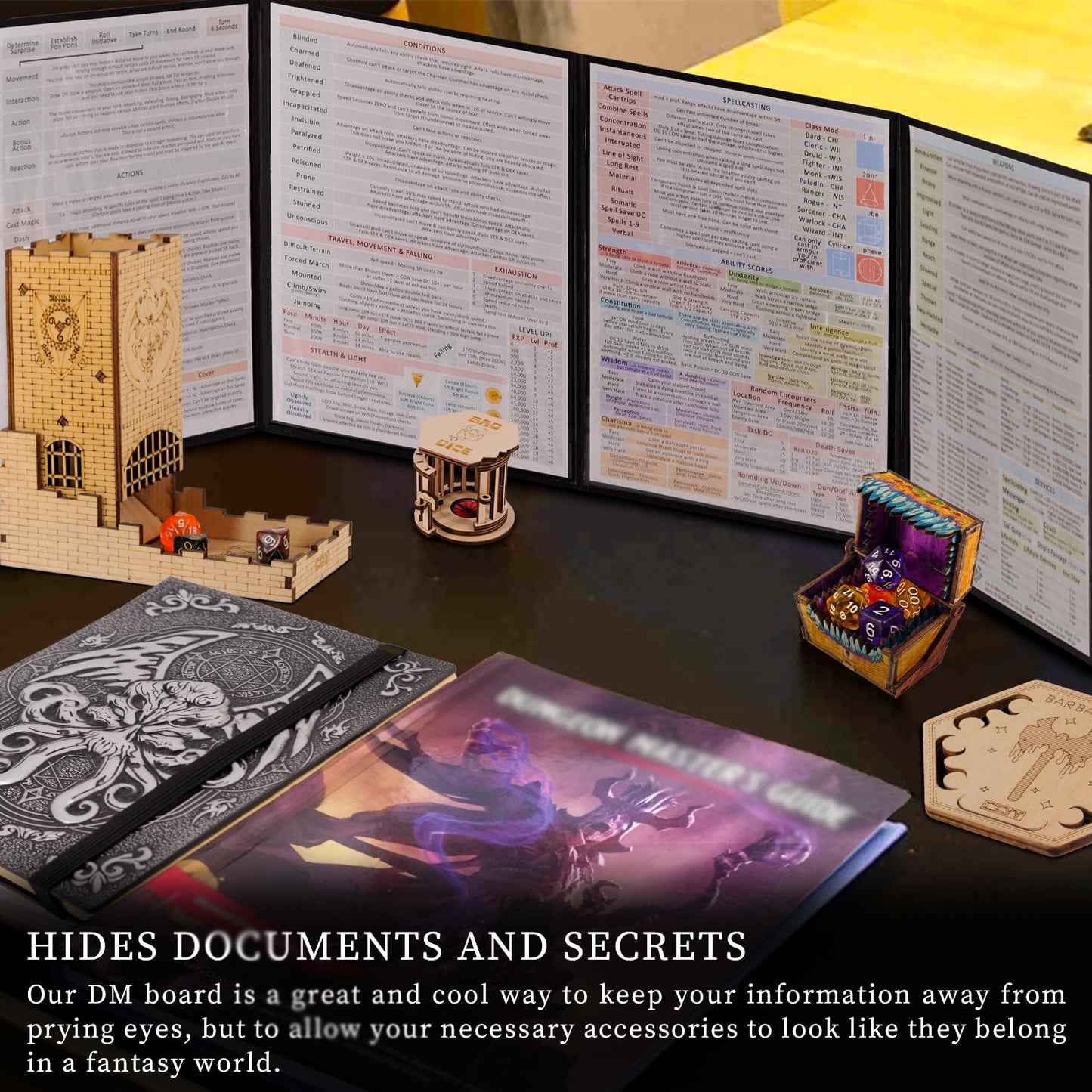 CZYY DND Dungeon Master Screen – Faux Leather Embossed Dragon & Mimic, Four-Panel with Pockets