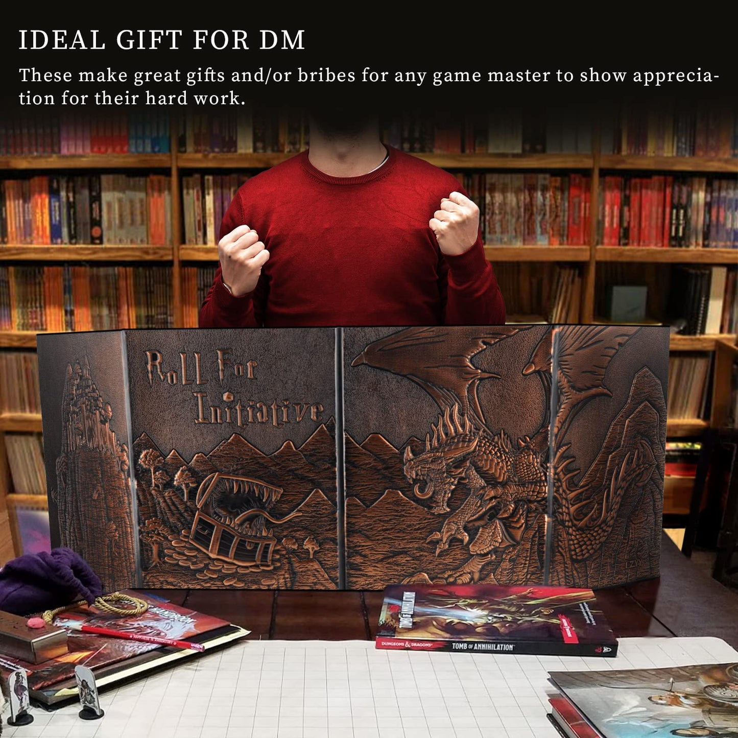 CZYY DND Dungeon Master Screen – Faux Leather Embossed Dragon & Mimic, Four-Panel with Pockets