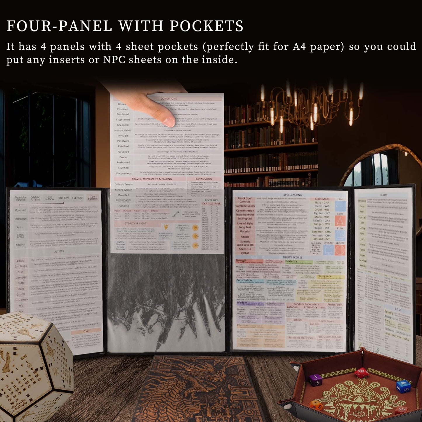 CZYY DND Dungeon Master Screen – Faux Leather Embossed Dragon & Mimic, Four-Panel with Pockets