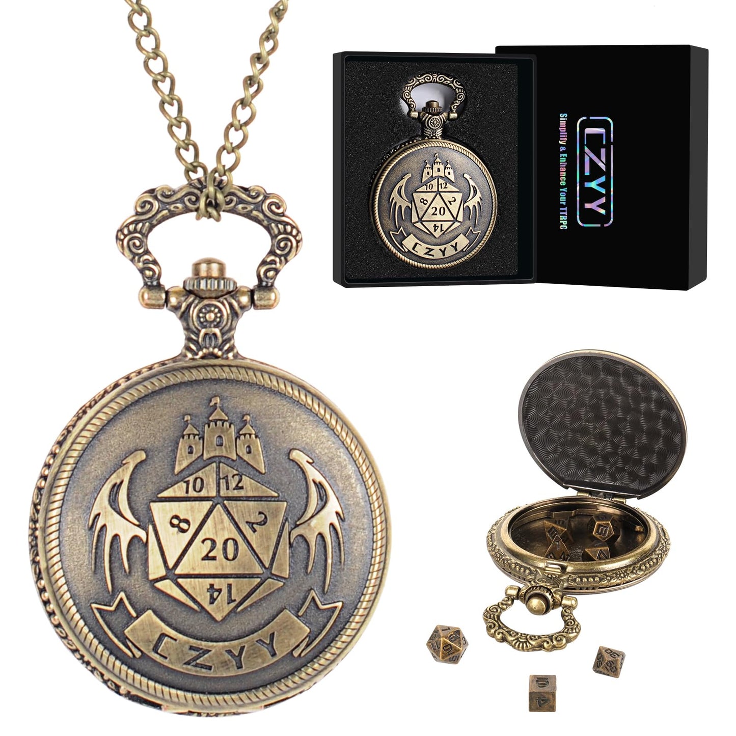 CZYY DND 6mm Micro Polyhedral Dice Set with Pocket Watch Shell Case – Bronze