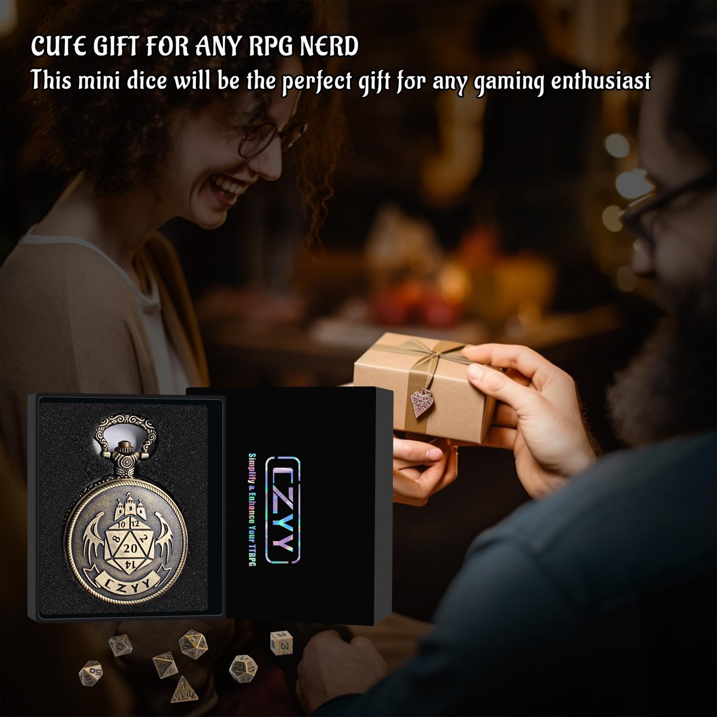 CZYY DND 6mm Micro Polyhedral Dice Set with Pocket Watch Shell Case – Bronze