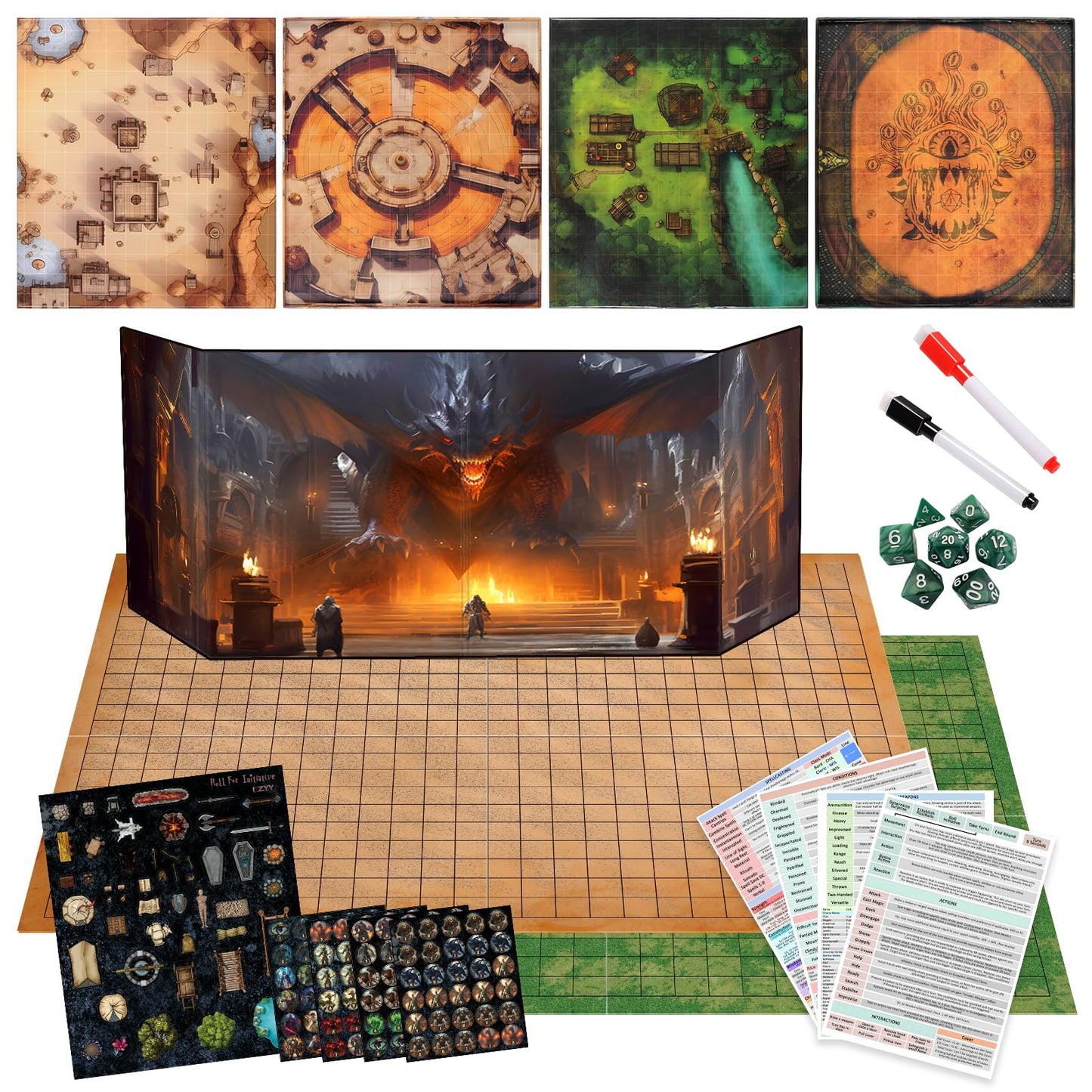 CZYY Foldable Battle Mat with DM Screen & Dice Set | 2-Sided Wet & Dry Erase RPG Starter Kit