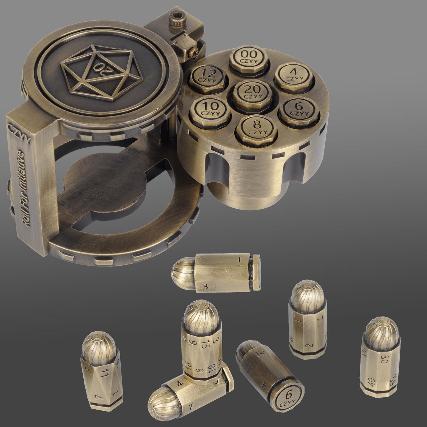 CZYY Metal Bullet Dice Set of 7 with Spinning Revolver Cylinder – Cyberpunk Bronze D&D Dice