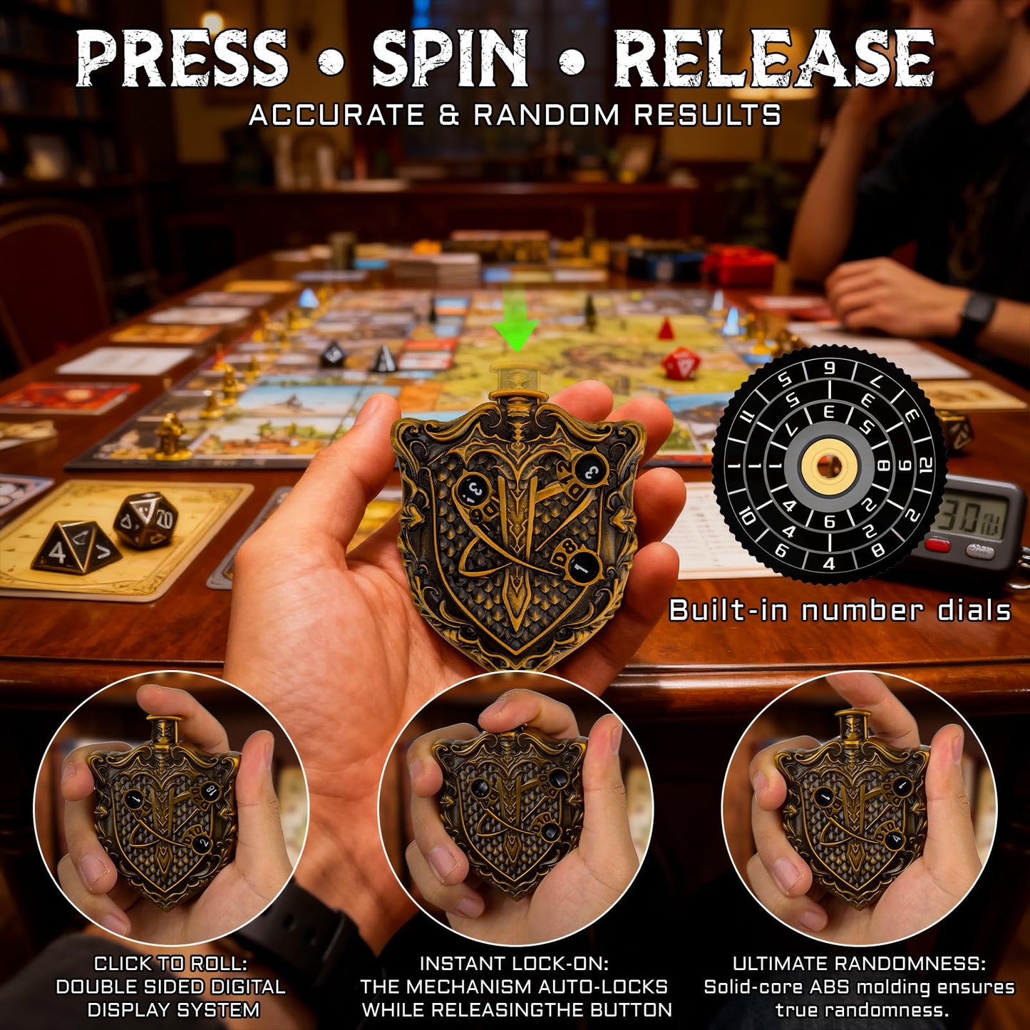 CZYY MinZerTRPG Roulette Dice 3.0 – 7-in-1 Shield Spinner D&D Dice Set with Leather Pouch