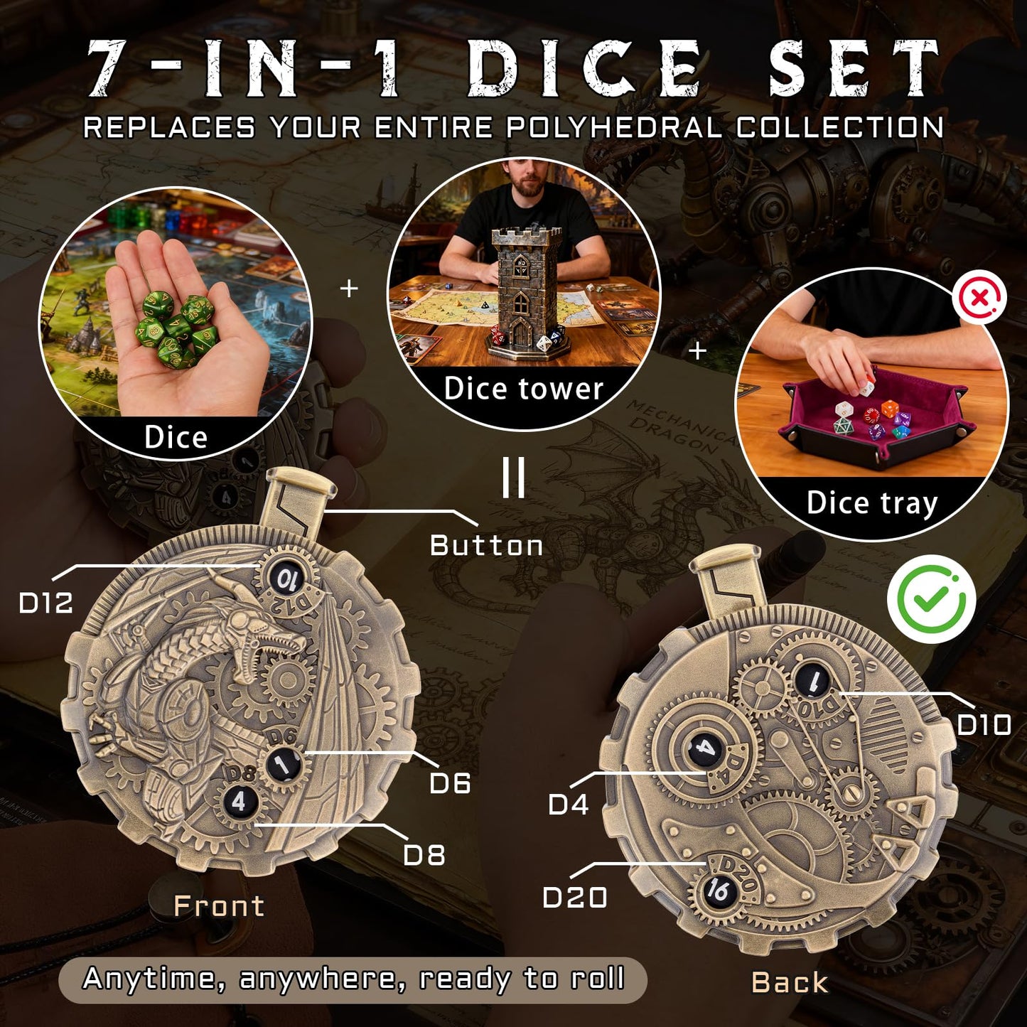 CZYY MinZerTRPG Roulette Dice 3.0 – Steampunk Dragon Spinner 7-in-1 Zinc Alloy RPG Dice Set + Leather Pouch