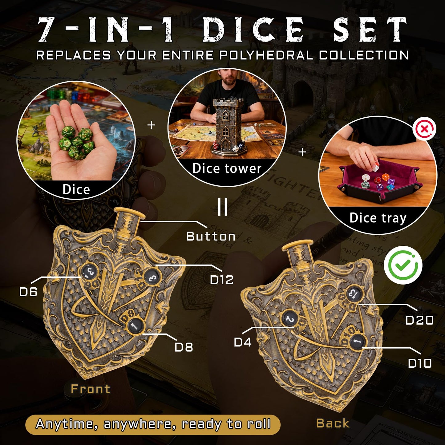 CZYY MinZerTRPG Roulette Dice 3.0 – 7-in-1 Shield Spinner D&D Dice Set with Leather Pouch
