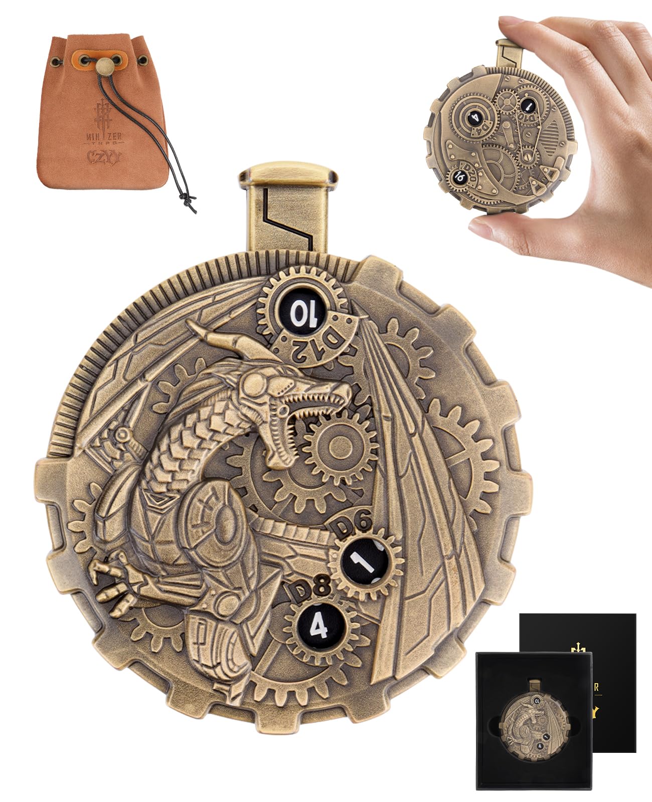 CZYY MinZerTRPG Roulette Dice 3.0 – Steampunk Dragon Spinner 7-in-1 Zinc Alloy RPG Dice Set + Leather Pouch