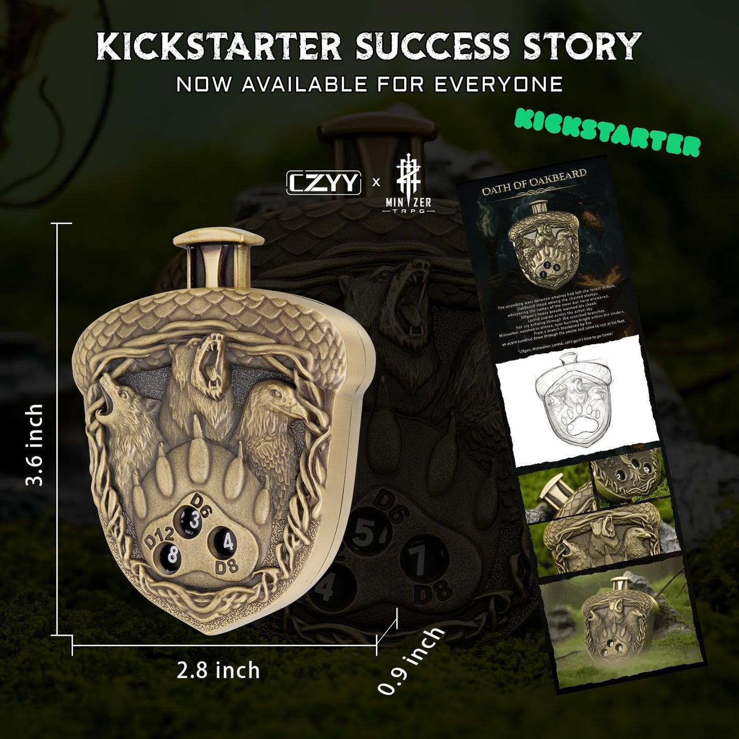 CZYY MinZerTRPG Roulette Dice 3.0 – 7-in-1 Metal DND Dice Set with Leather Pouch (Druid Beast Spinner)