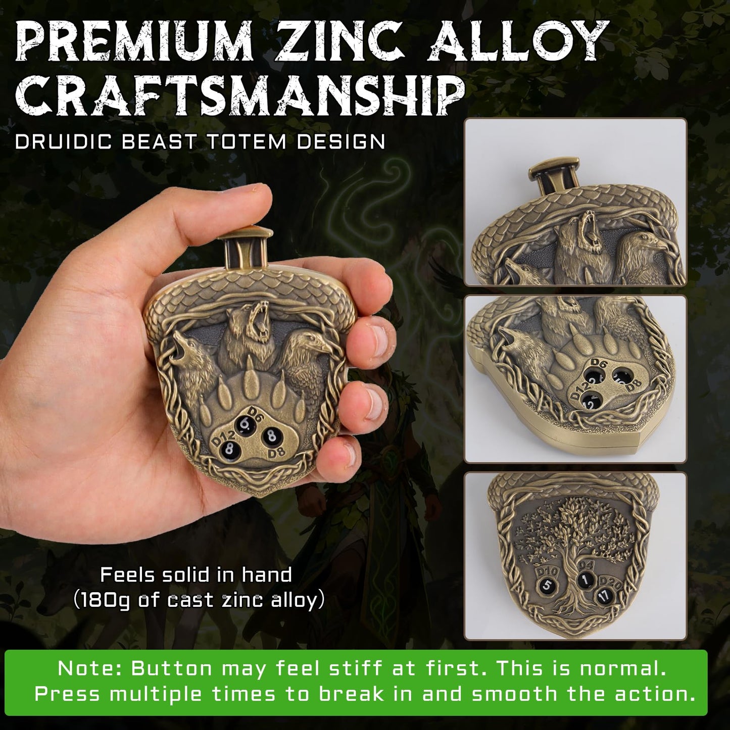 CZYY MinZerTRPG Roulette Dice 3.0 – 7-in-1 Metal DND Dice Set with Leather Pouch (Druid Beast Spinner)