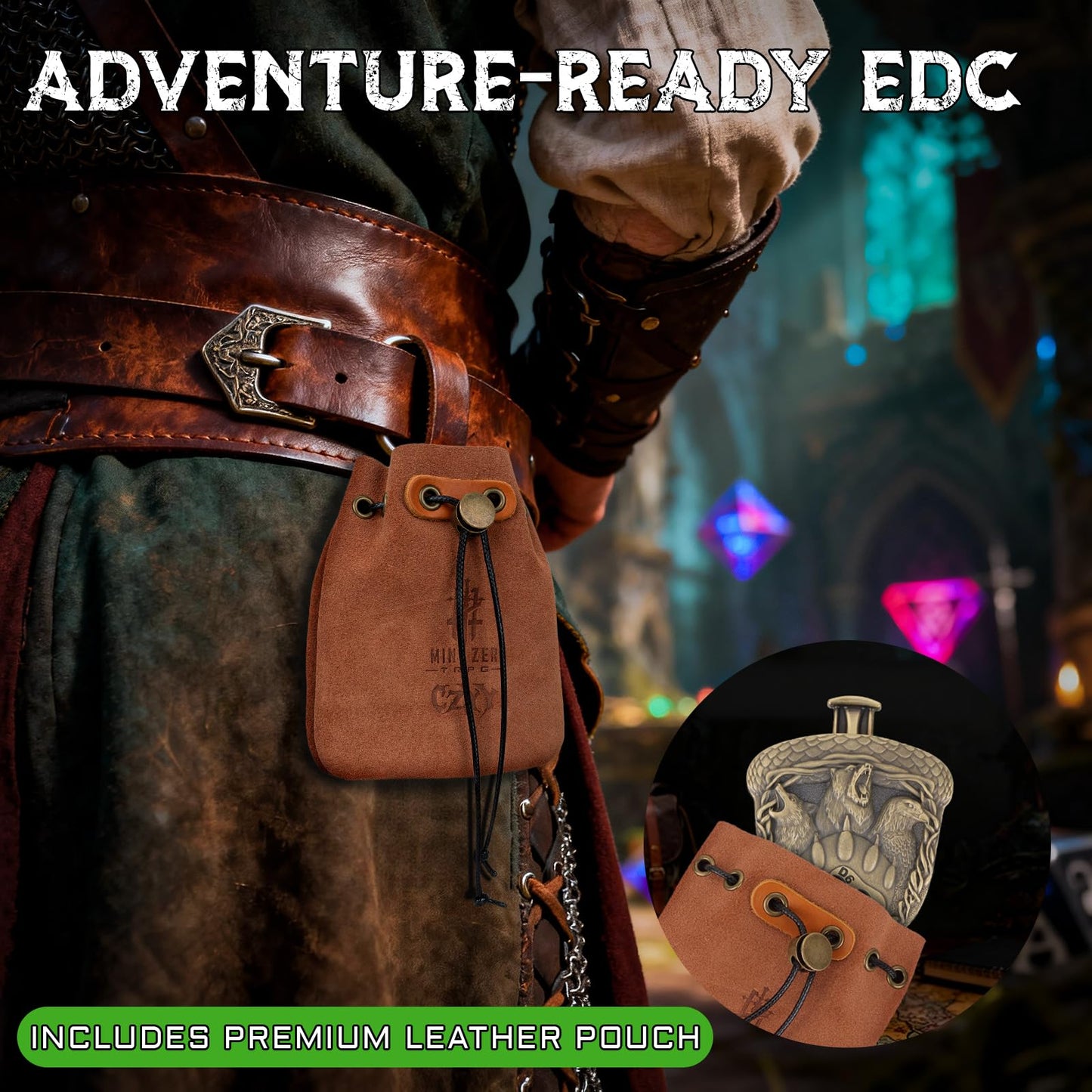 CZYY MinZerTRPG Roulette Dice 3.0 – 7-in-1 Metal DND Dice Set with Leather Pouch (Druid Beast Spinner)
