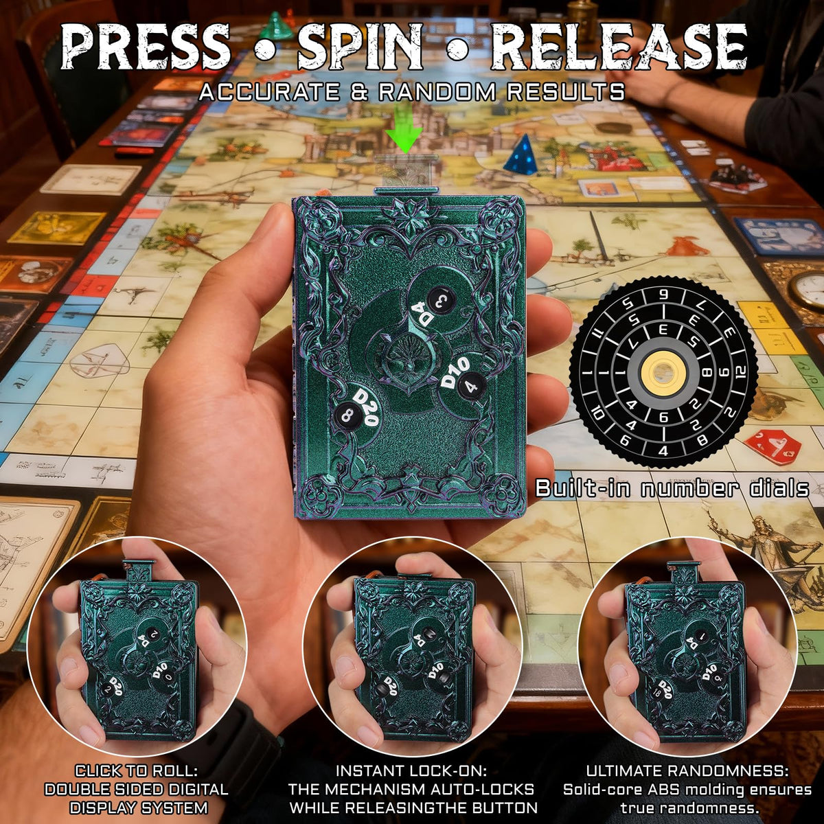 CZYY MinZerTRPG Roulette Dice 3.0 – 7-in-1 Metal Polyhedral Dice in Magic Book Design | Portable DND Spinner