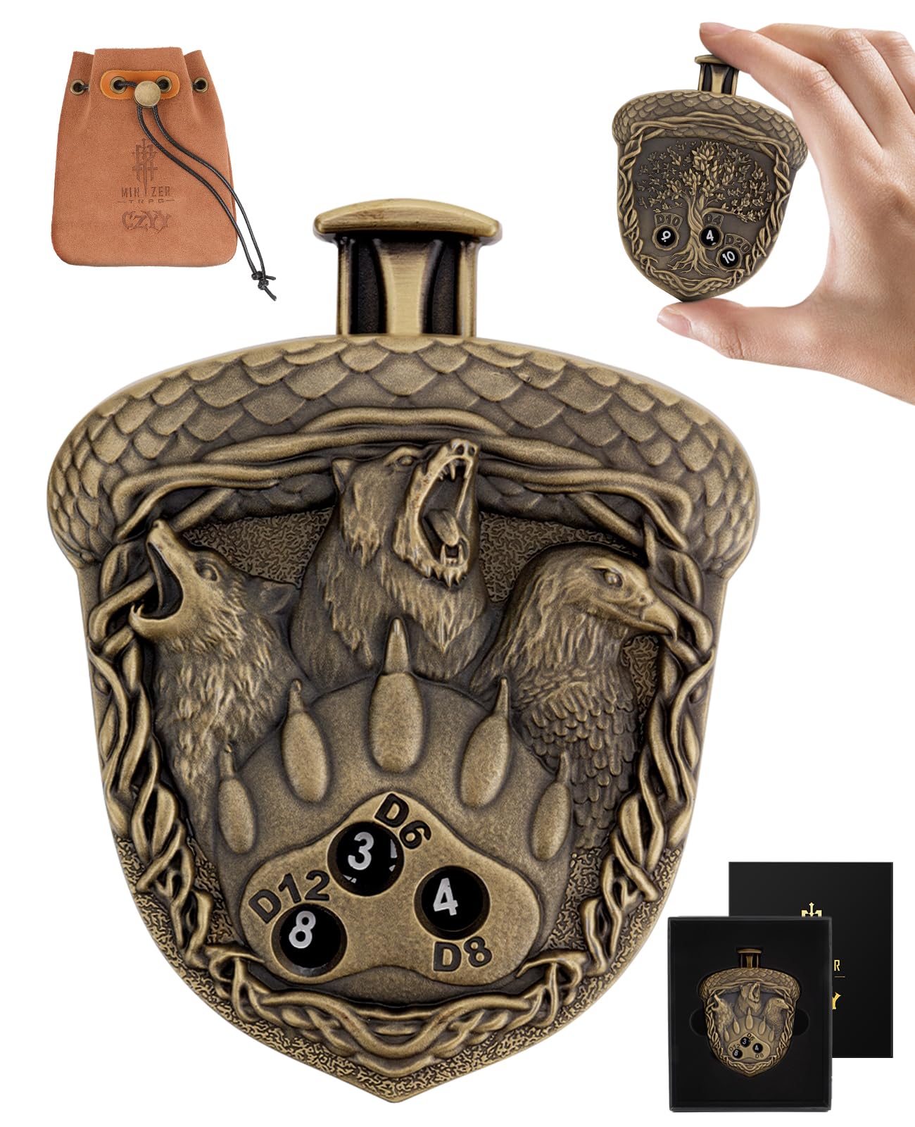 CZYY MinZerTRPG Roulette Dice 3.0 – 7-in-1 Metal DND Dice Set with Leather Pouch (Druid Beast Spinner)