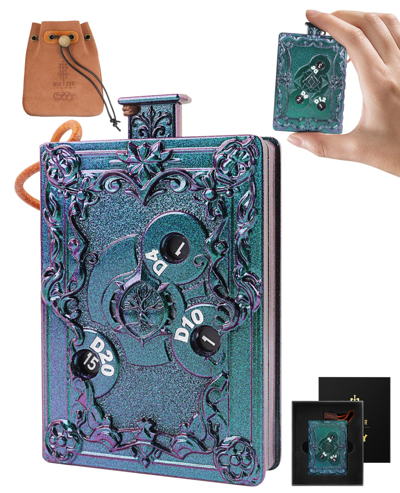 CZYY MinZerTRPG Roulette Dice 3.0 – 7-in-1 Metal Polyhedral Dice in Magic Book Design | Portable DND Spinner