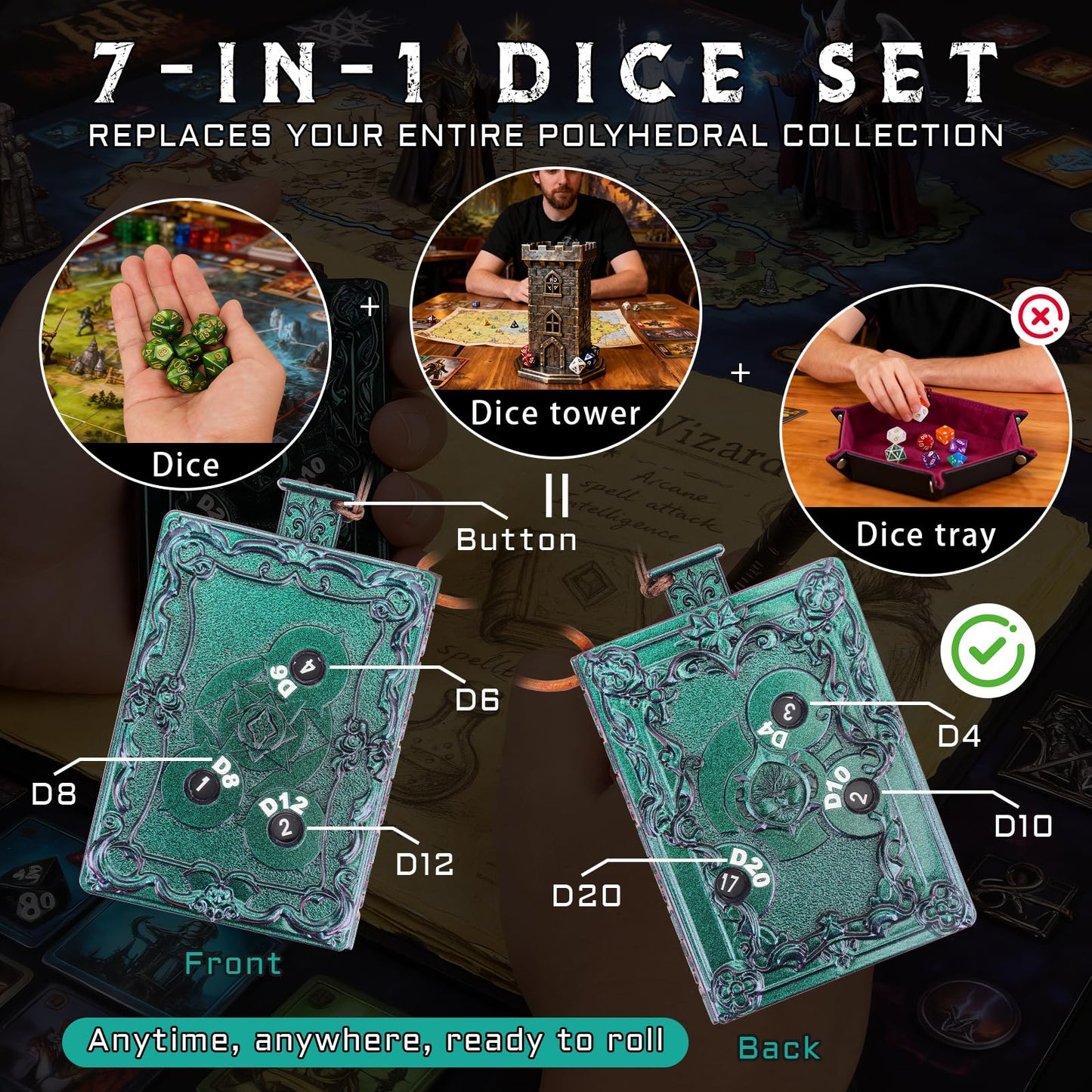 CZYY MinZerTRPG Roulette Dice 3.0 – 7-in-1 Metal Polyhedral Dice in Magic Book Design | Portable DND Spinner