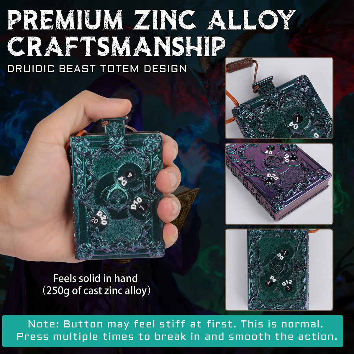 CZYY MinZerTRPG Roulette Dice 3.0 – 7-in-1 Metal Polyhedral Dice in Magic Book Design | Portable DND Spinner
