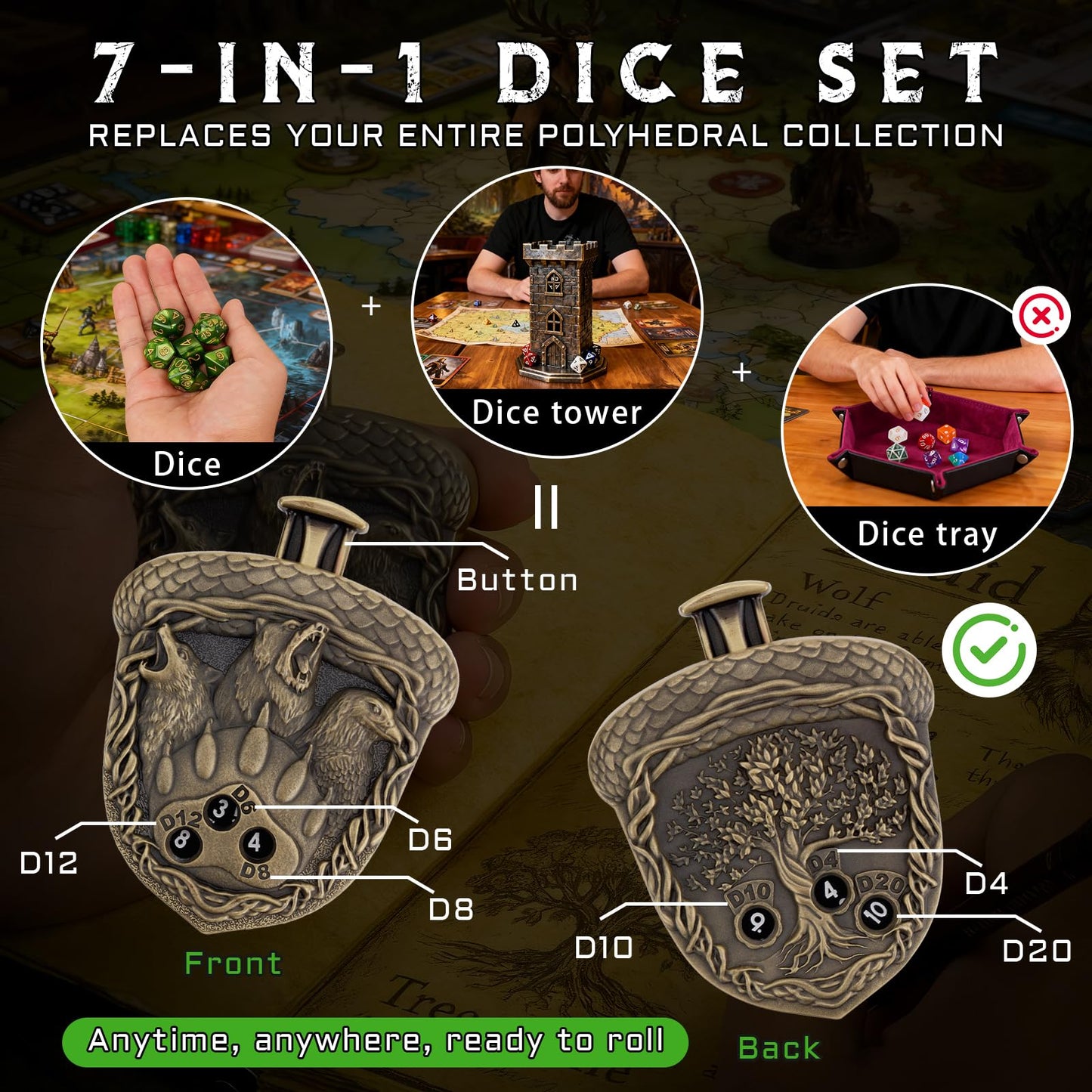 CZYY MinZerTRPG Roulette Dice 3.0 – 7-in-1 Metal DND Dice Set with Leather Pouch (Druid Beast Spinner)