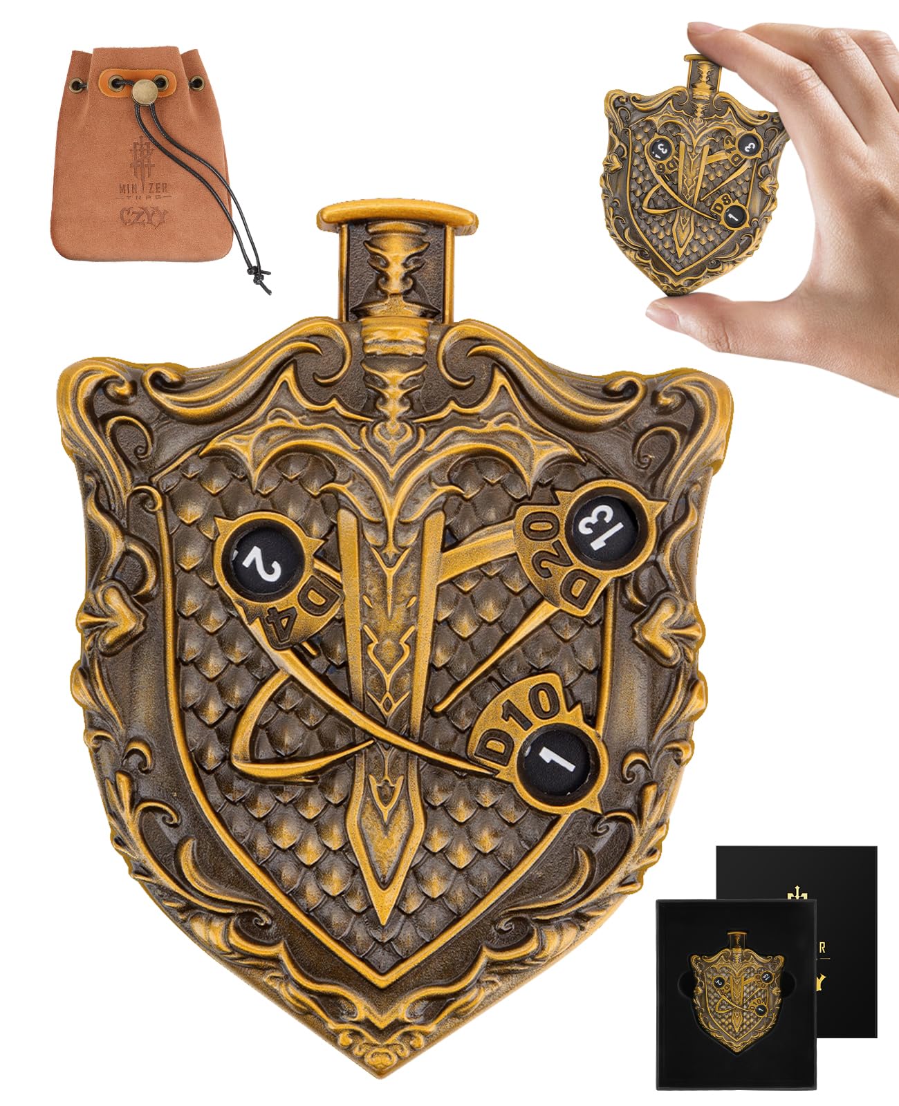CZYY MinZerTRPG Roulette Dice 3.0 – 7-in-1 Shield Spinner D&D Dice Set with Leather Pouch