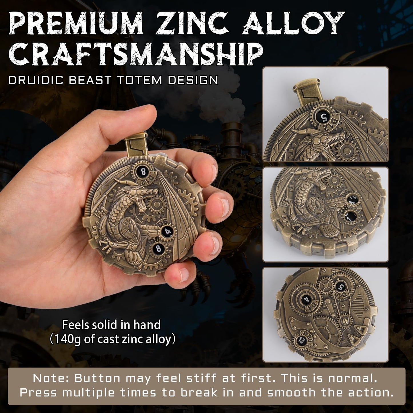 CZYY MinZerTRPG Roulette Dice 3.0 – Steampunk Dragon Spinner 7-in-1 Zinc Alloy RPG Dice Set + Leather Pouch