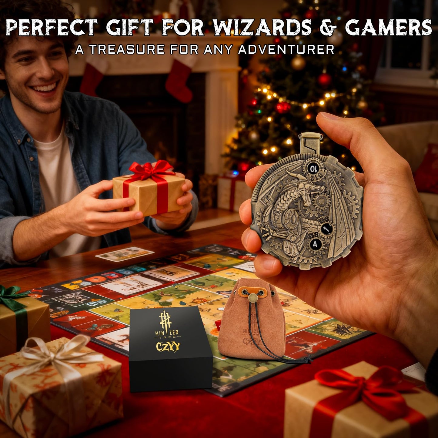 CZYY MinZerTRPG Roulette Dice 3.0 – Steampunk Dragon Spinner 7-in-1 Zinc Alloy RPG Dice Set + Leather Pouch