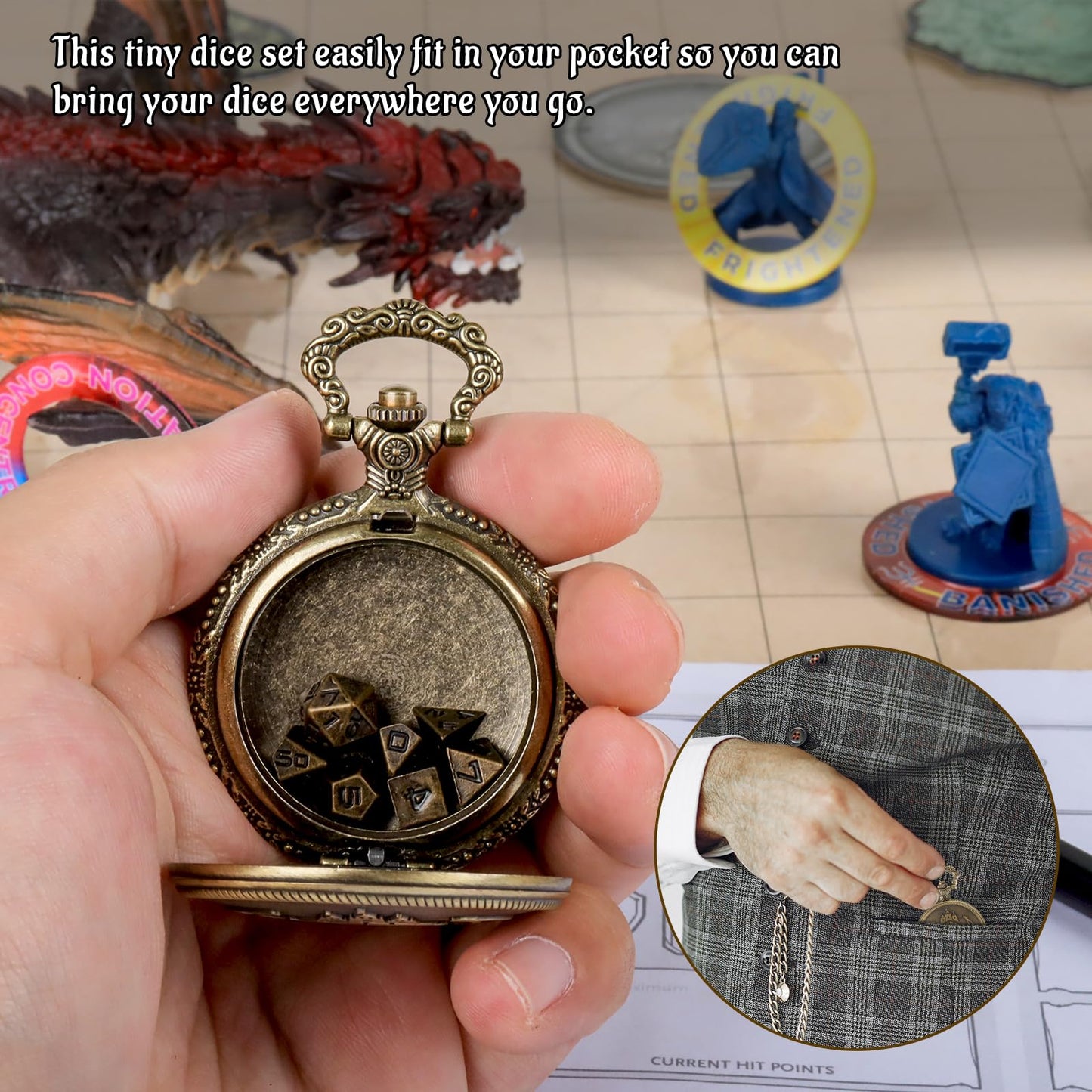 CZYY DND 6mm Micro Polyhedral Dice Set with Pocket Watch Shell Case – Bronze