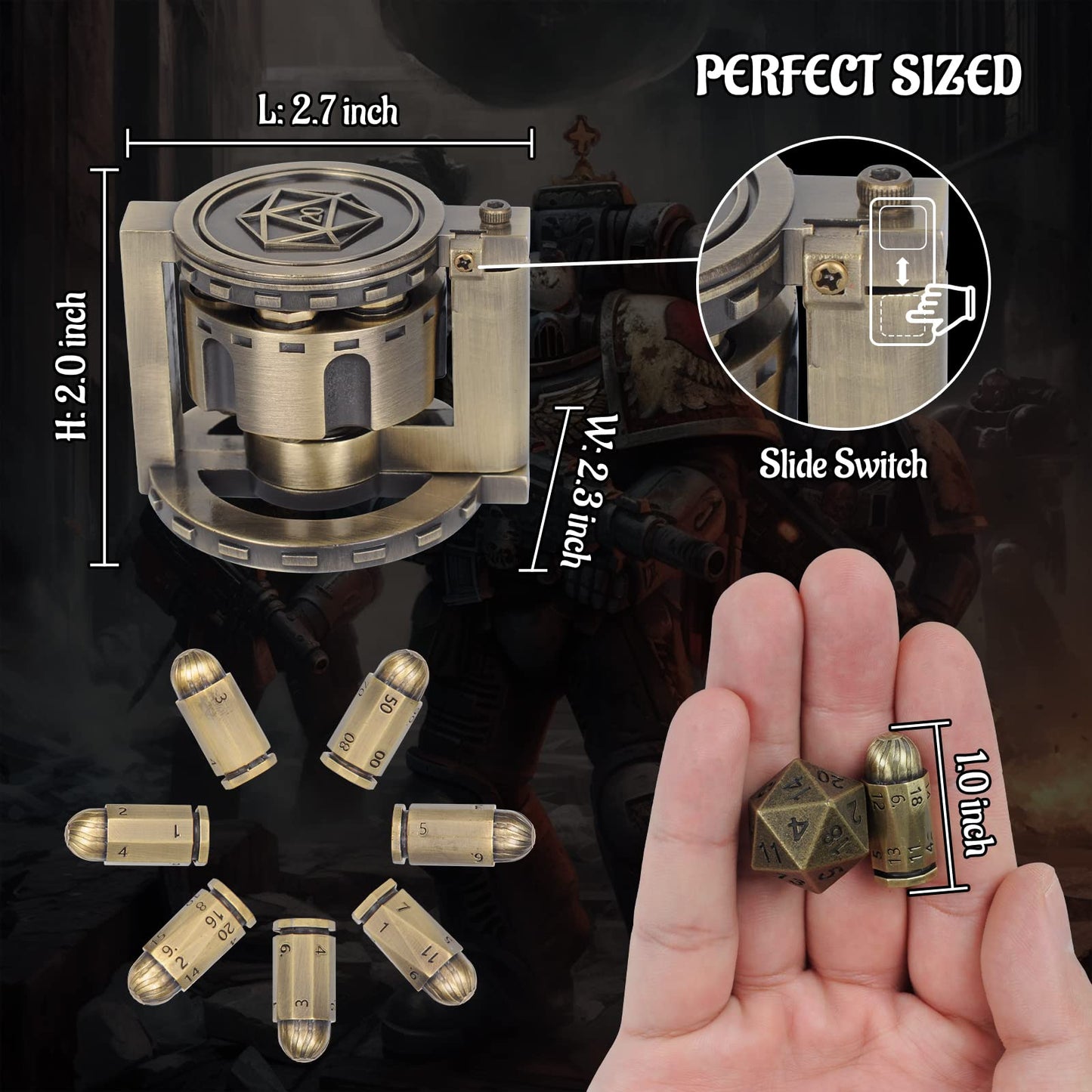 CZYY Metal Bullet Dice Set of 7 with Spinning Revolver Cylinder – Cyberpunk Bronze D&D Dice