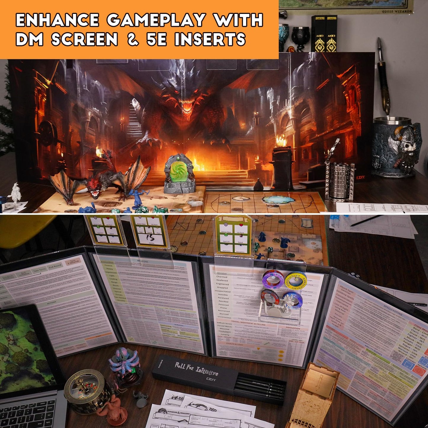 CZYY Foldable Battle Mat with DM Screen & Dice Set | 2-Sided Wet & Dry Erase RPG Starter Kit