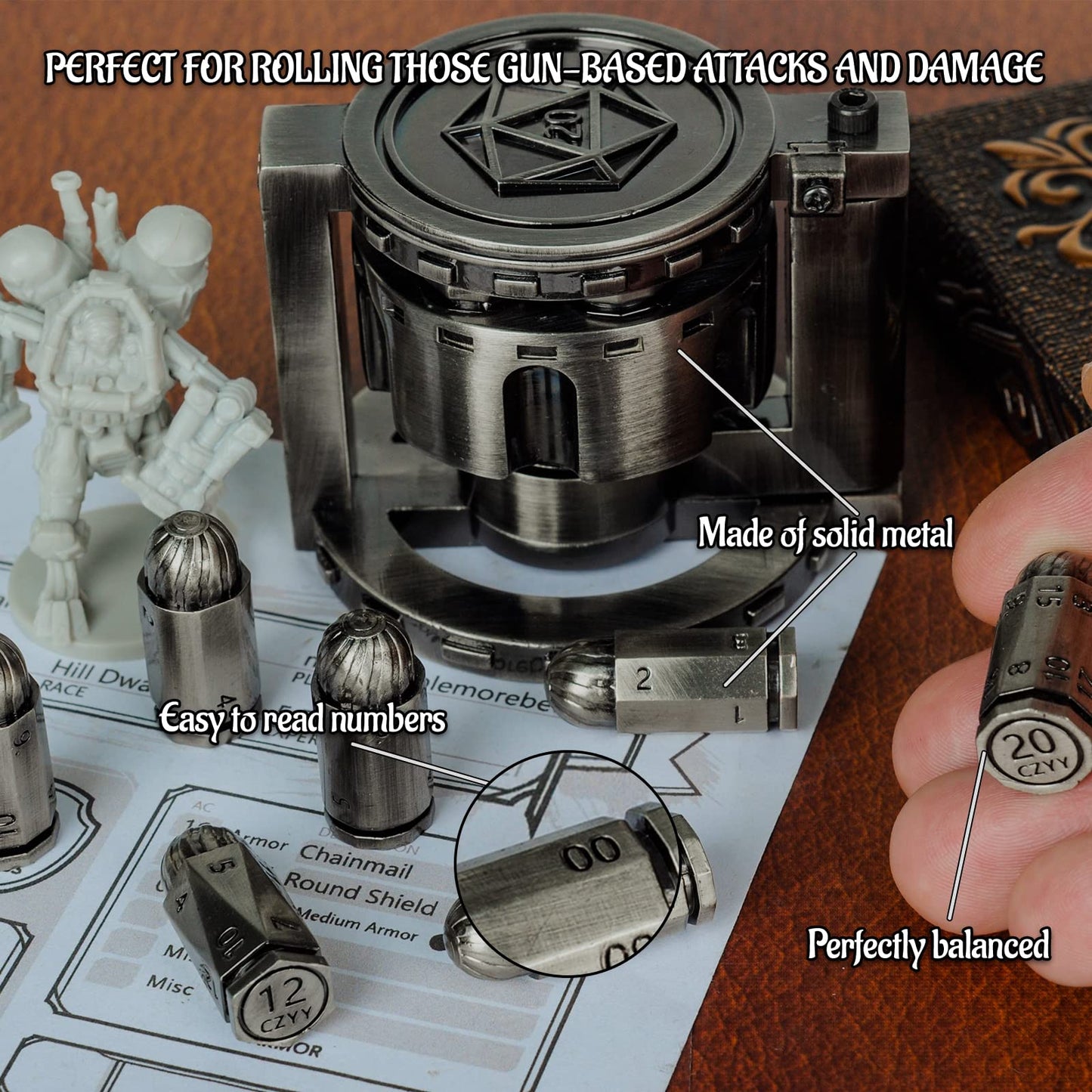 CZYY Metal Bullet Dice Set – 7 Polyhedral Dice with Spinning Revolver Cylinder (Cyberpunk)