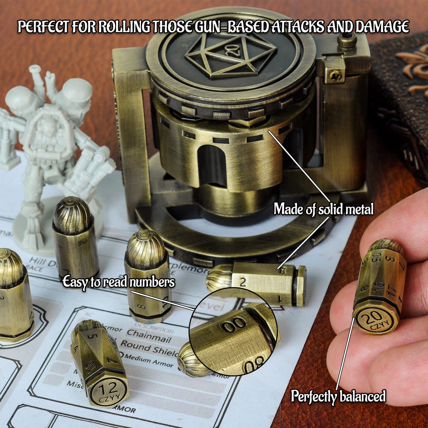 CZYY Metal Bullet Dice Set of 7 with Spinning Revolver Cylinder – Cyberpunk Bronze D&D Dice