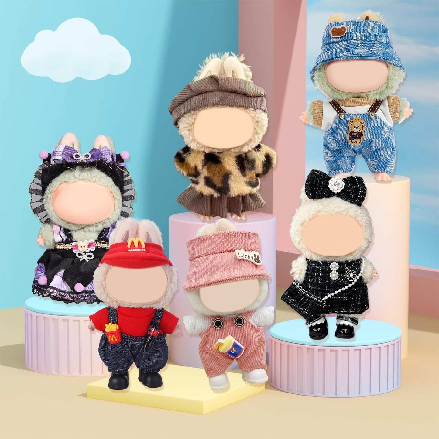 CZZLYJ Six-Pack Doll Clothes for LABUBU 17cm Doll – Designer Outfits with Hats & Accessories