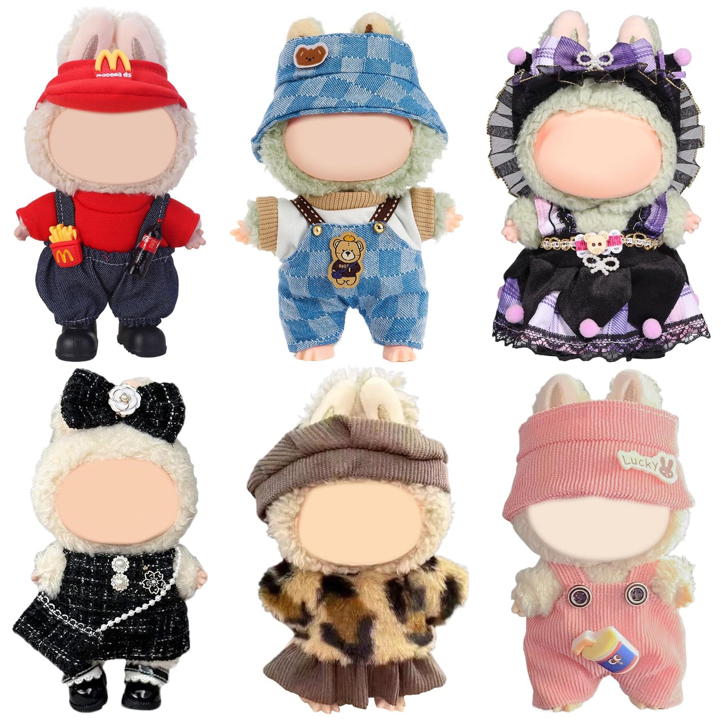 CZZLYJ Six-Pack Doll Clothes for LABUBU 17cm Doll – Designer Outfits with Hats & Accessories