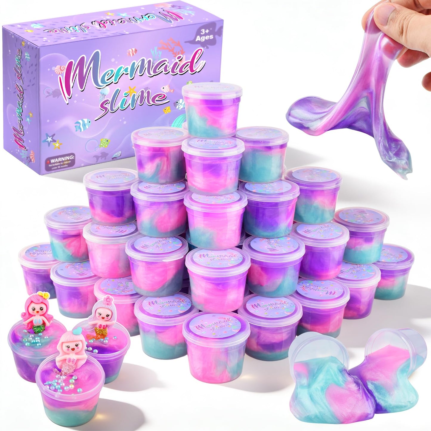 D'ALBA 48 Pack Mini Galaxy & Mermaid Slime Cups – Soft, Non-Stick Party Favors & Classroom Prizes