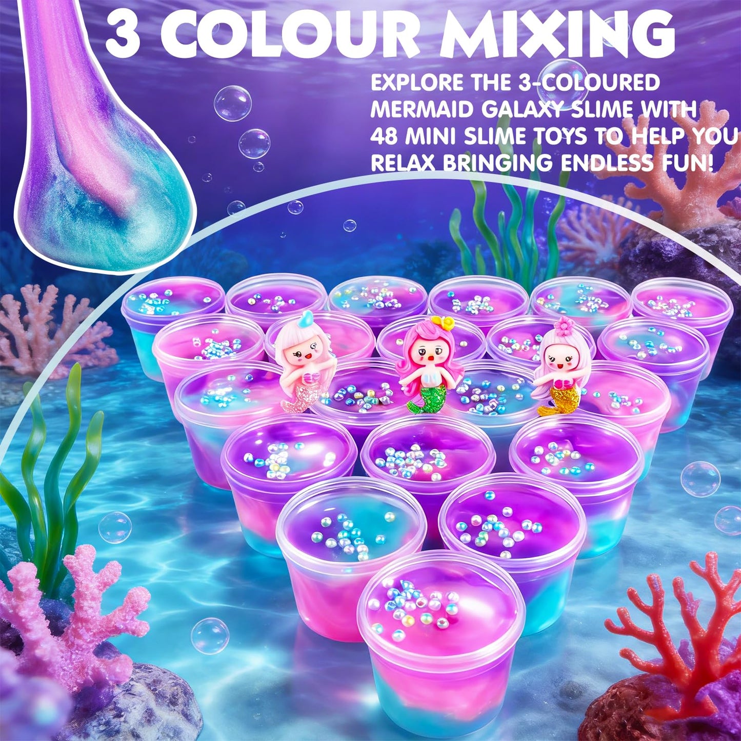 D'ALBA 48 Pack Mini Galaxy & Mermaid Slime Cups – Soft, Non-Stick Party Favors & Classroom Prizes