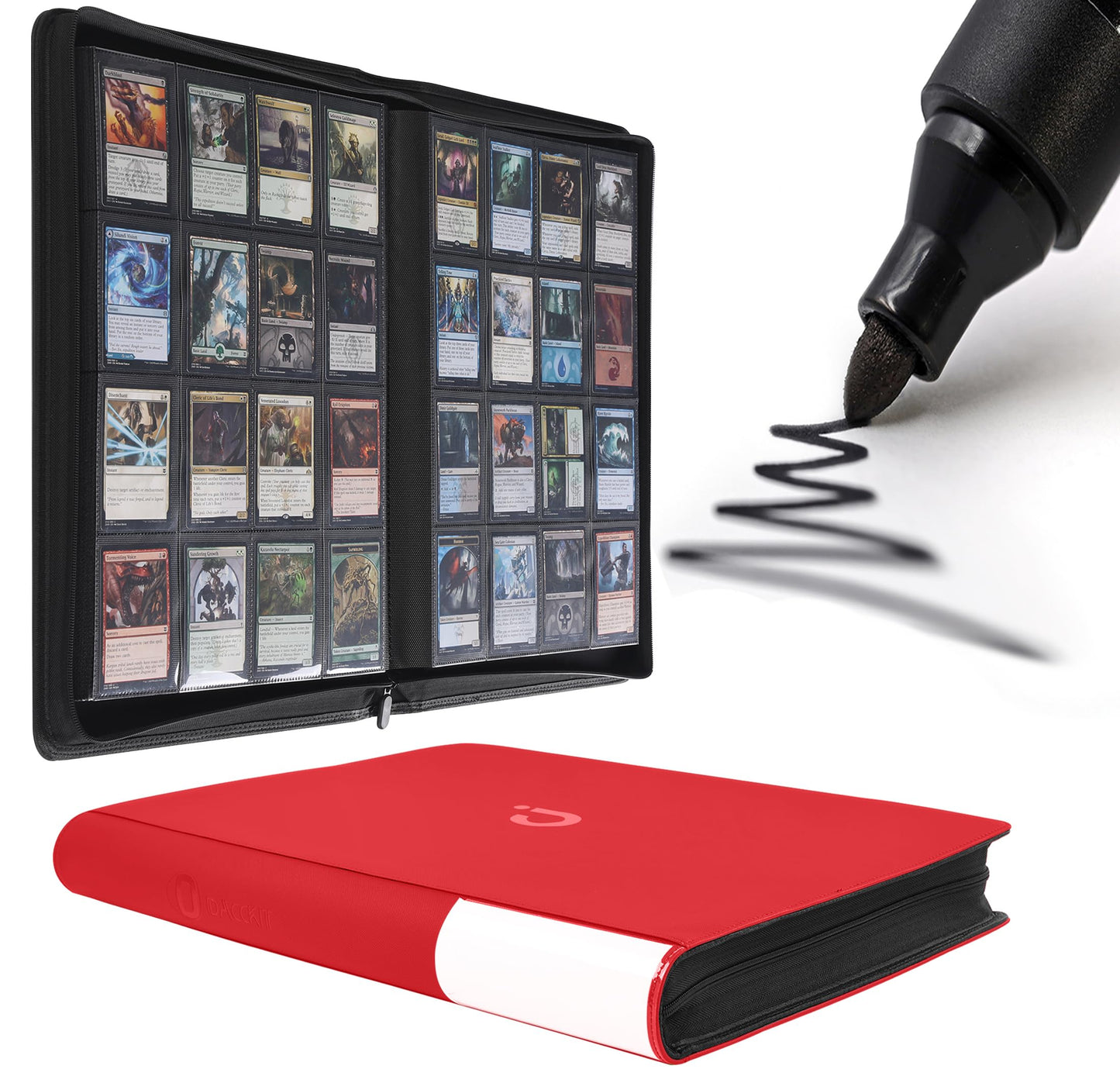D DACCKIT Card Binder 16 Pocket - Holds 1024 Cards, 4x4 Ringless Album with Sleeves for Trading & Sports Cards (Model A, Classic Red)