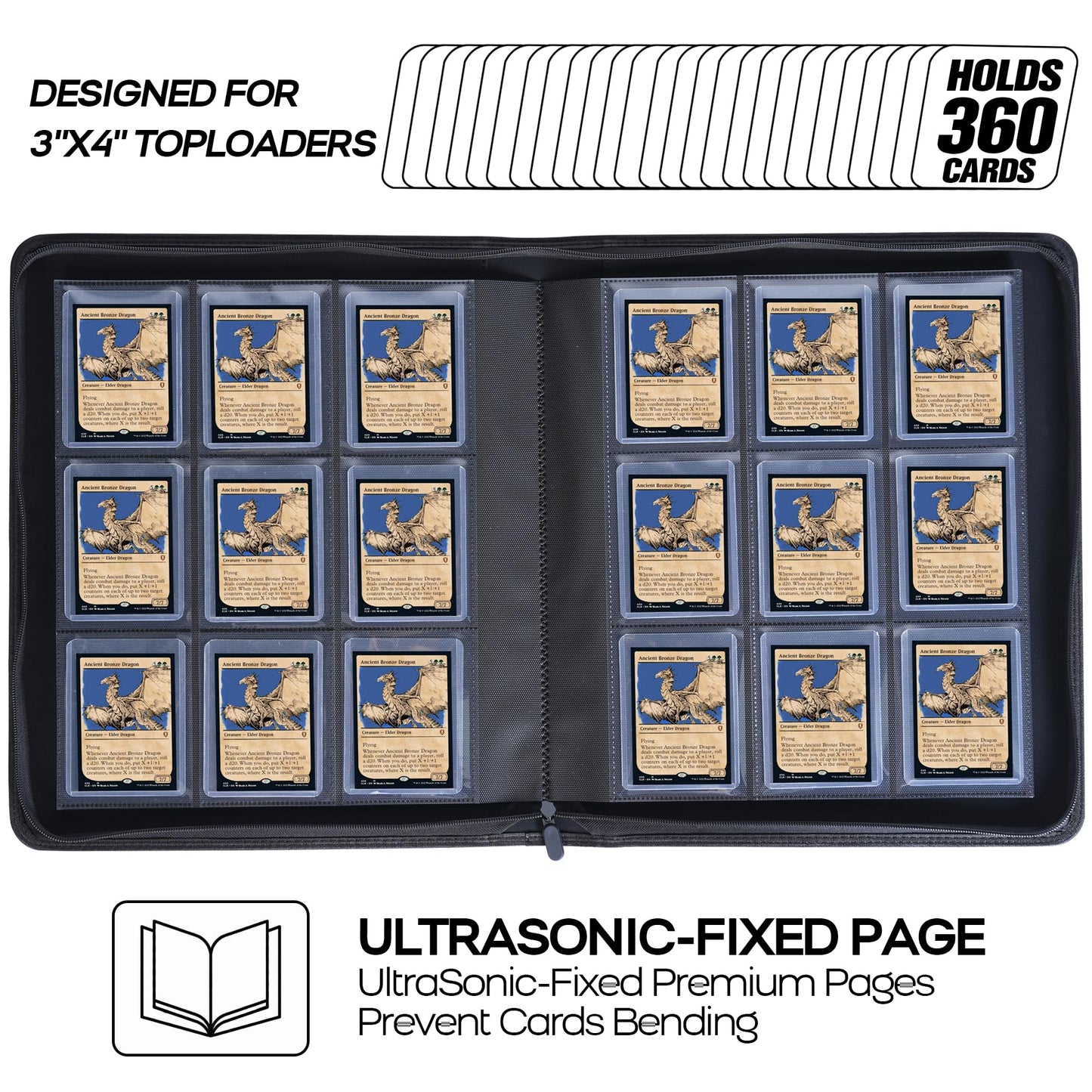 D DACCKIT Top Loader Binder - Holds 360 Top Loaders, 9-Pocket 3x4 Cards, Navy