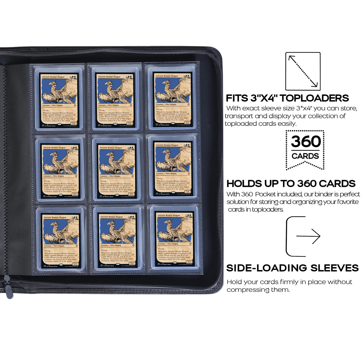 D DACCKIT Top Loader Binder - Holds 360 Top Loaders, 9-Pocket 3x4 Cards, Navy