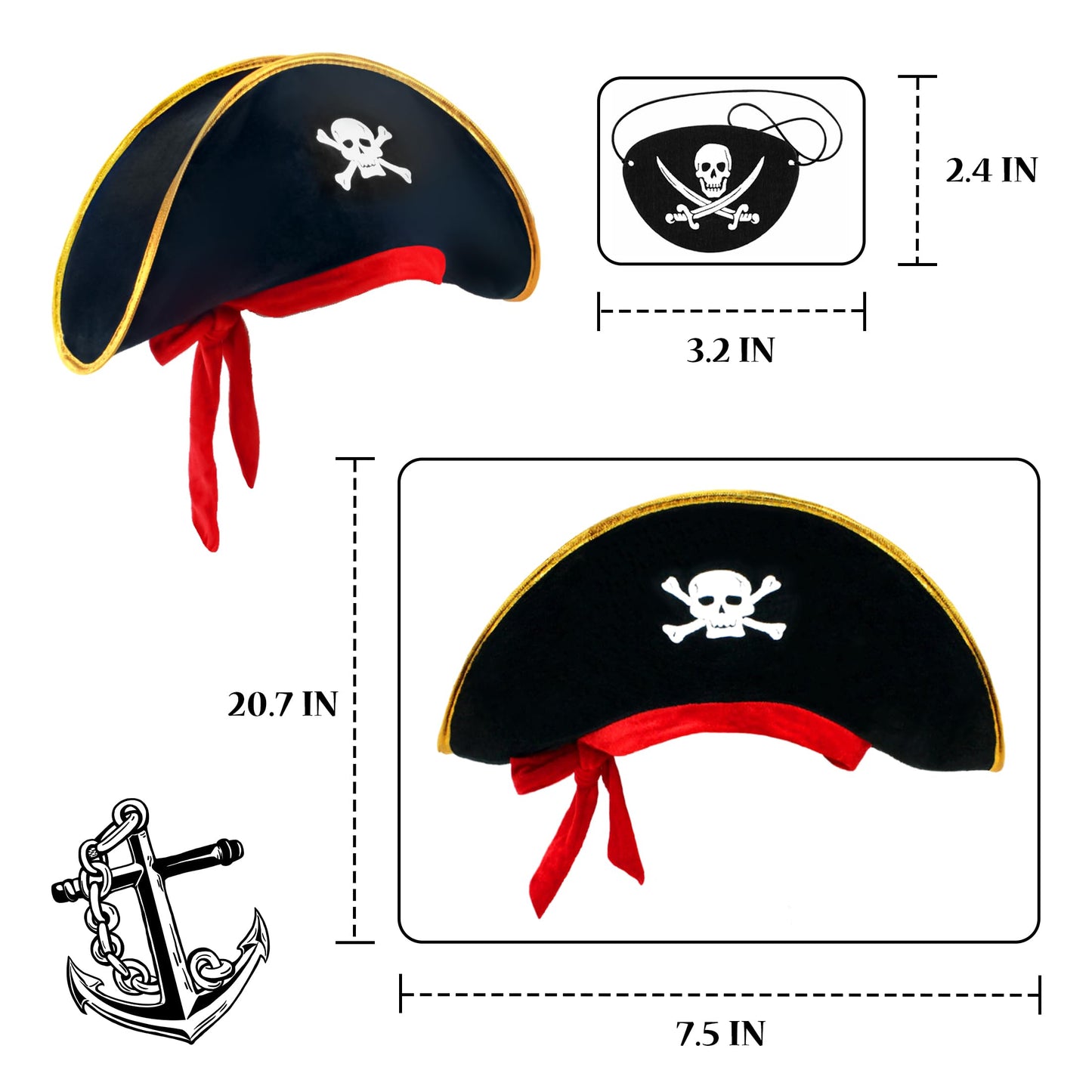 D-Fokes 2-Piece Pirate Hat Set with Eye Patch – Velvet Skull-Print Captain Hats for Parties