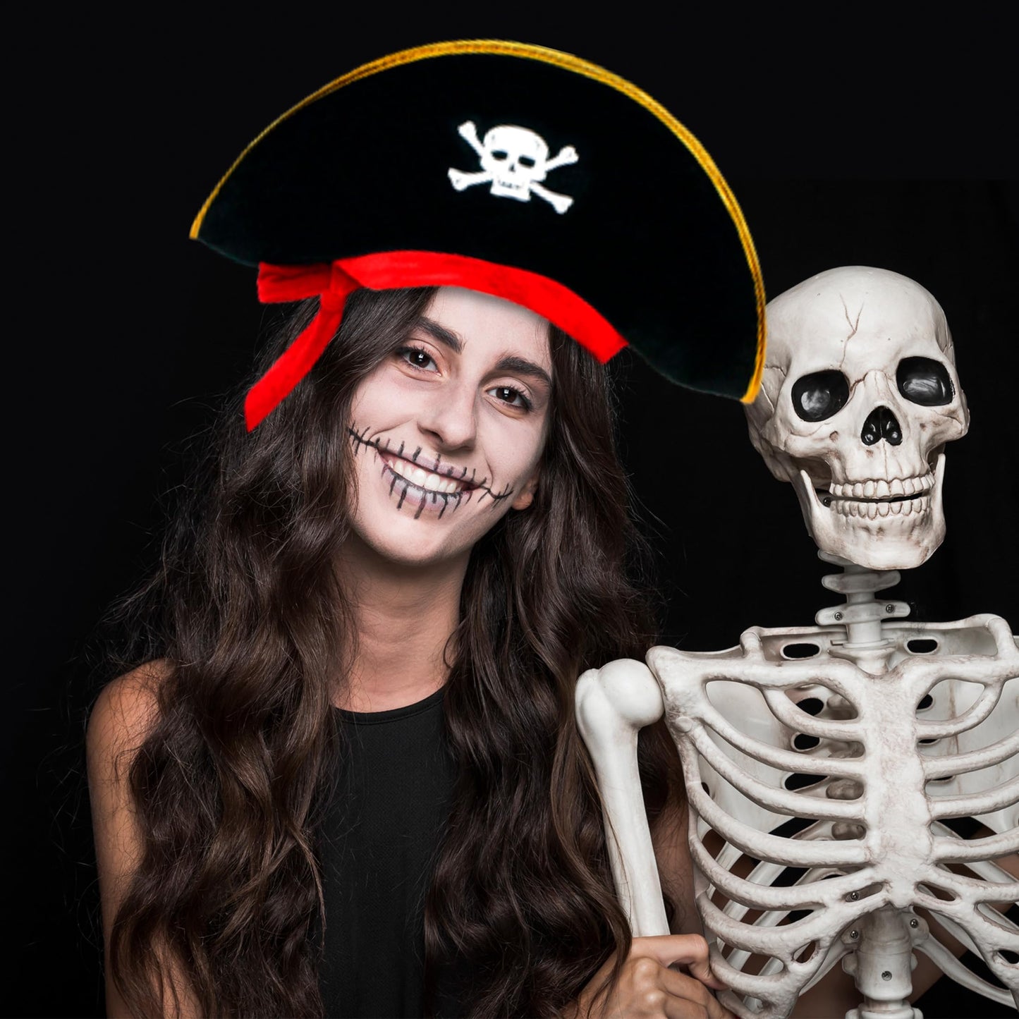 D-Fokes 2-Piece Pirate Hat Set with Eye Patch – Velvet Skull-Print Captain Hats for Parties